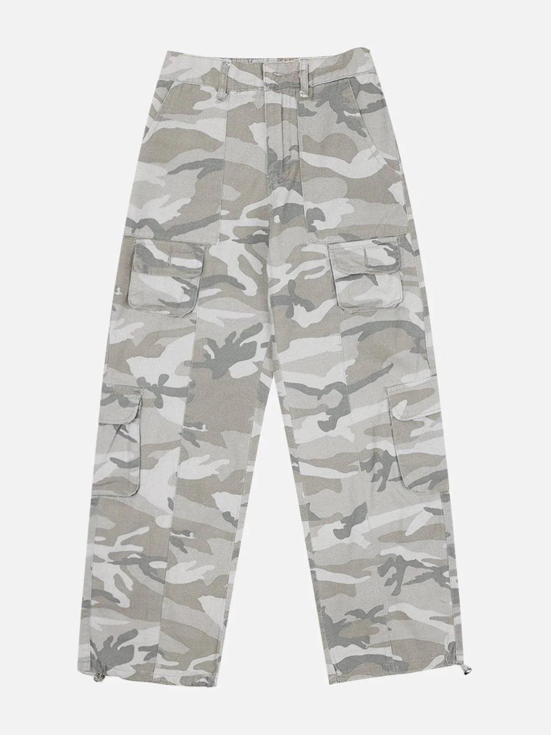 Front view of TALISHKO wide-leg cargo pants in beige camouflage, showcasing a relaxed fit.
