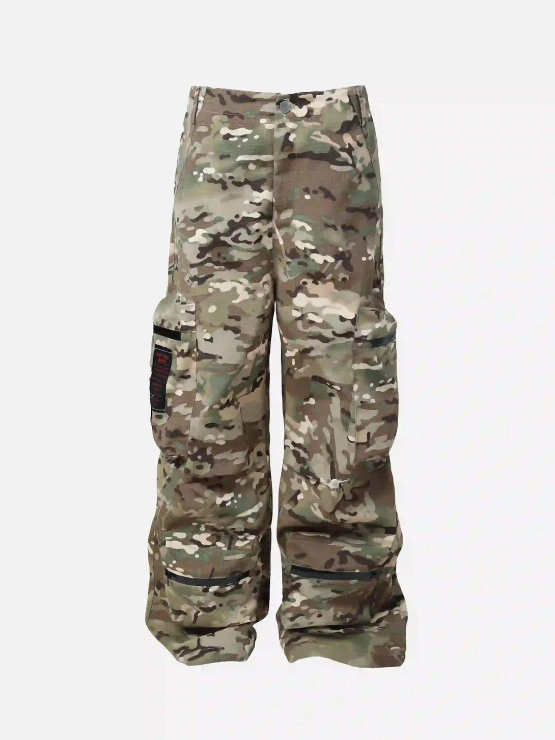 Front view of camouflage workwear pants by TALISHKO, showcasing a relaxed street style.