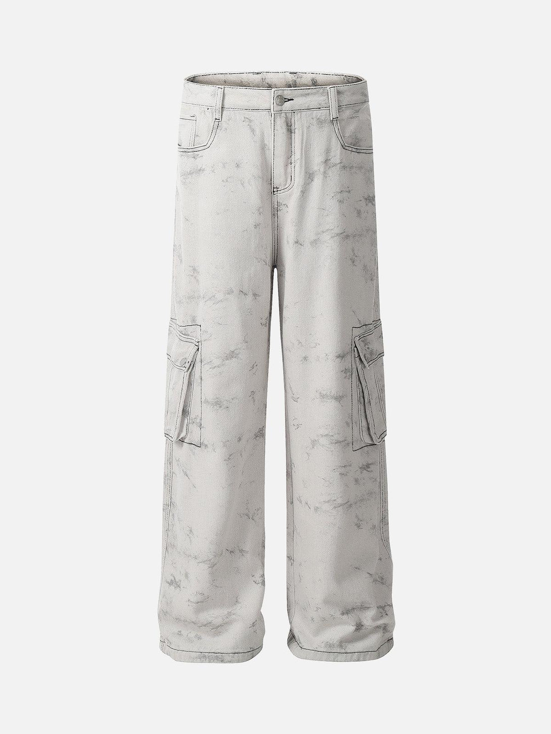 Front view of white tie-dye workwear pants by TALISHKO, featuring spacious cargo pockets.