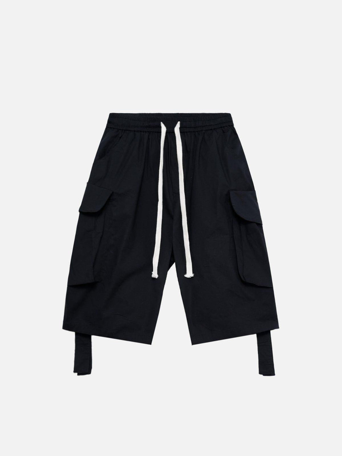 Front view of black woven ribbon shorts with large pockets by TALISHKO, ideal for sunny days.