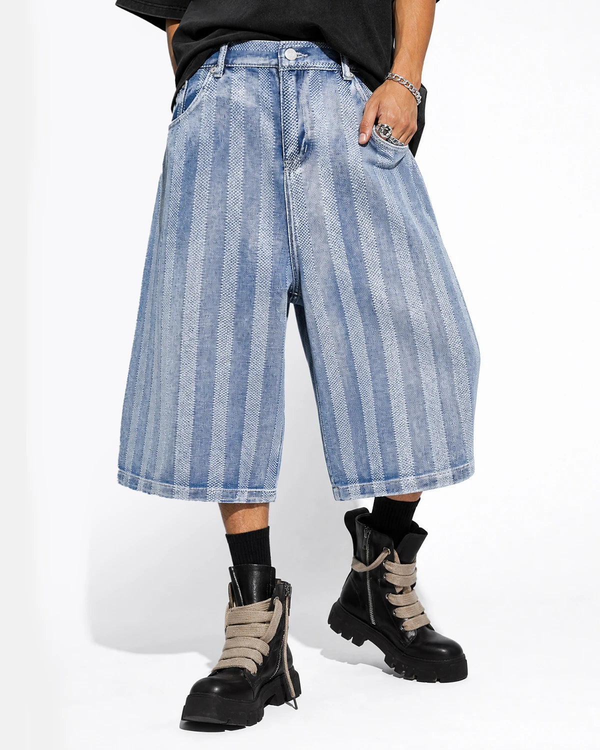 Woven Stripe Texture Baggy Jorts, Light Wash | TALISHKO