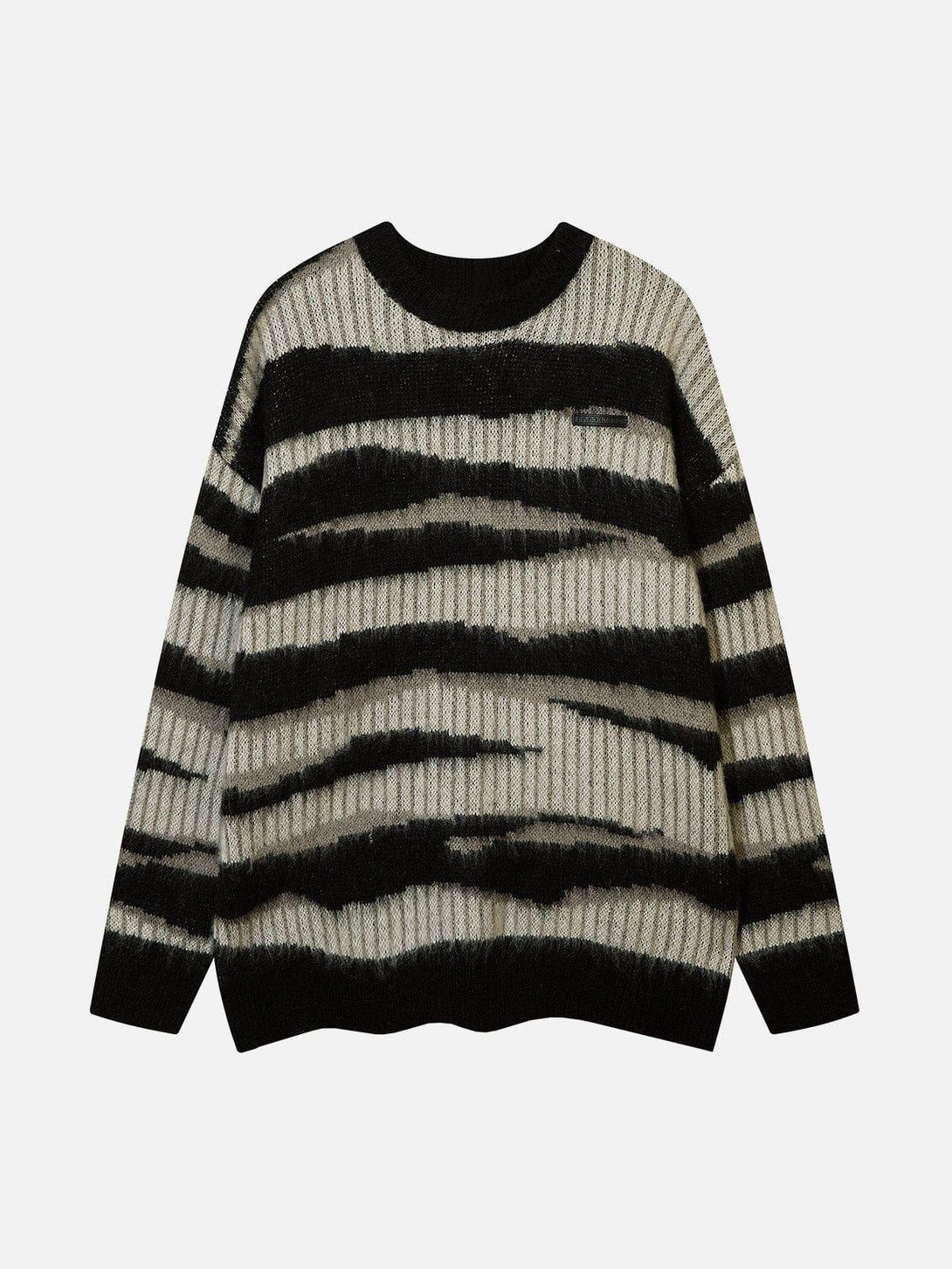 Front view of a black zebra print mohair sweater by TALISHKO, featuring bold street-inspired patterns.