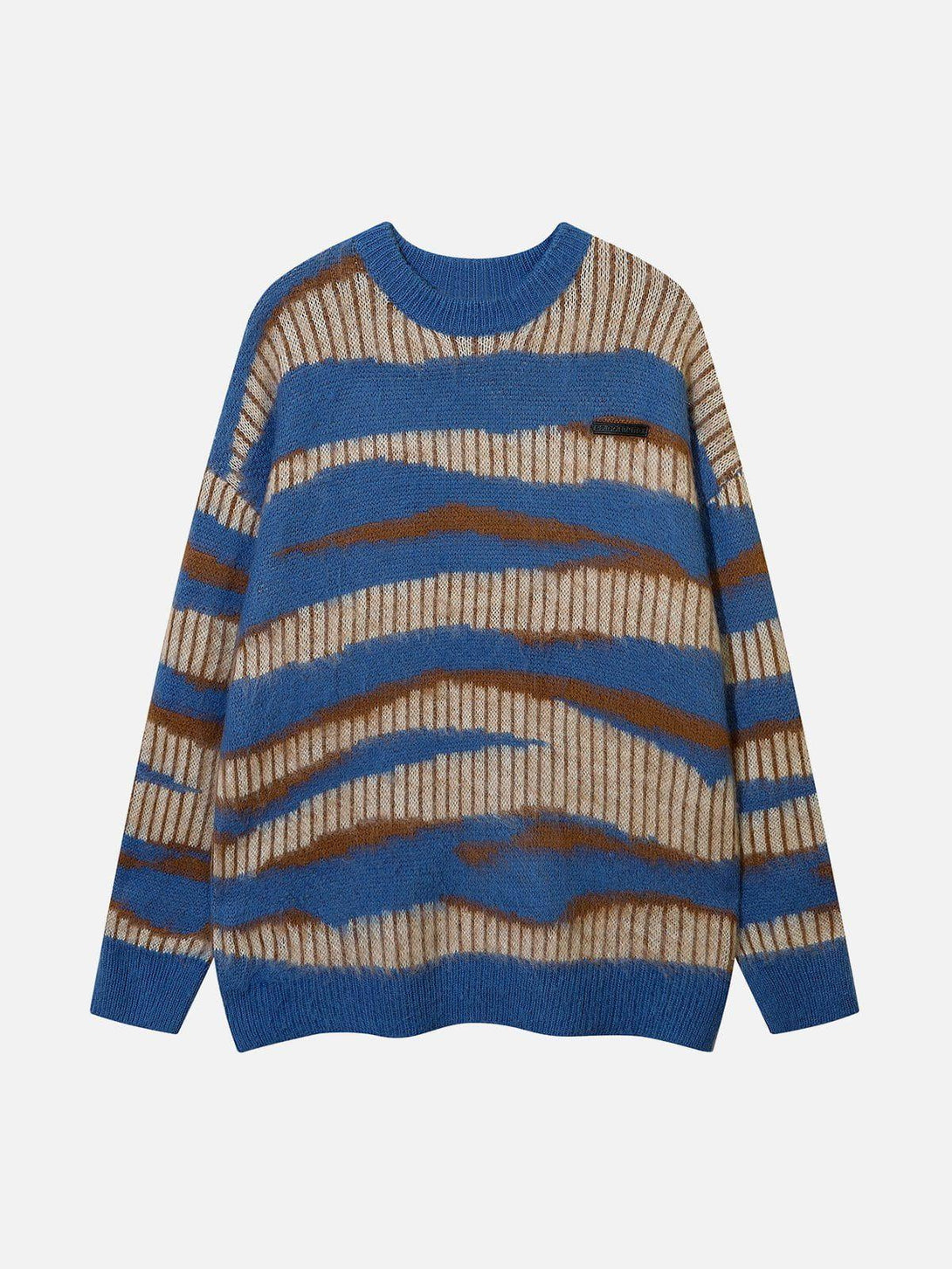 Front view of a blue zebra print mohair sweater by TALISHKO, featuring bold, artistic stripes.