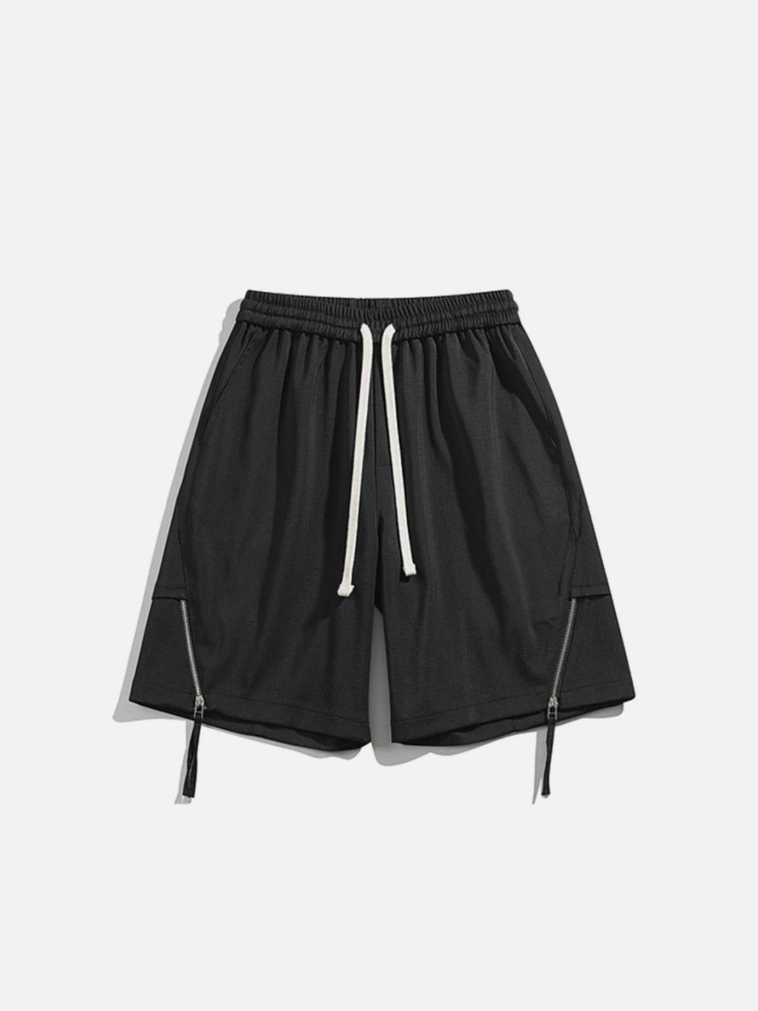 Stylish black drawstring shorts by TALISHKO, featuring front zippers and a relaxed summer fit.