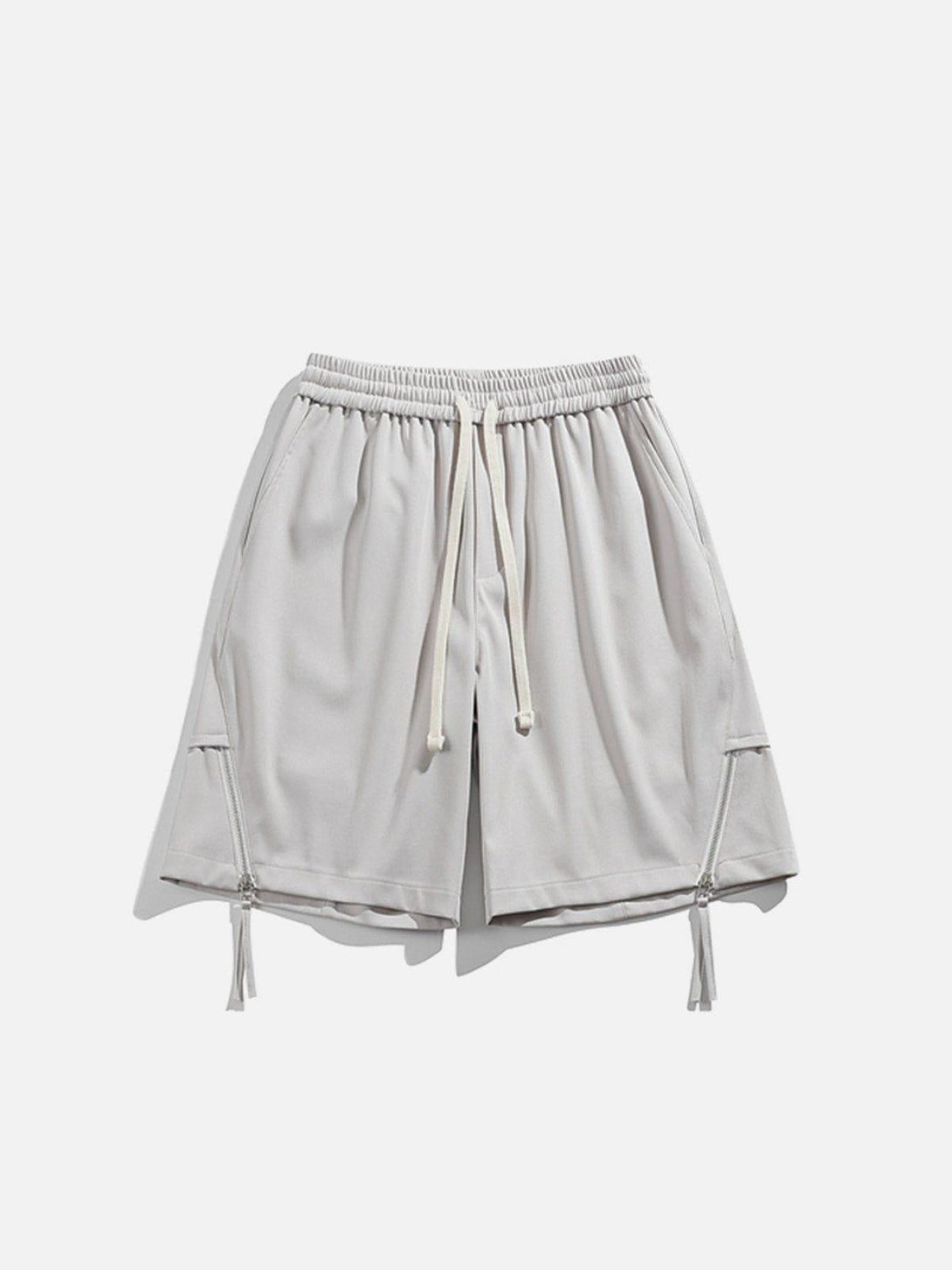 Gray drawstring shorts featuring front zippers by TALISHKO, perfect for a relaxed look.
