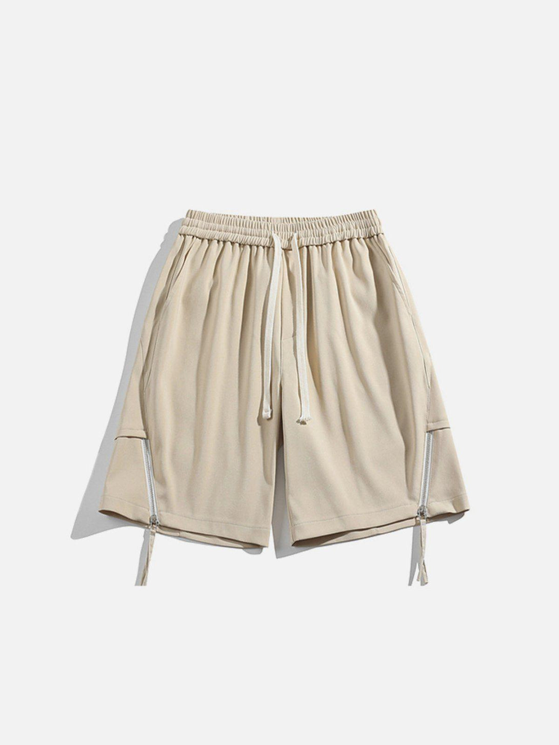 Khaki drawstring shorts by TALISHKO with front zippers, offering a breezy, relaxed fit.