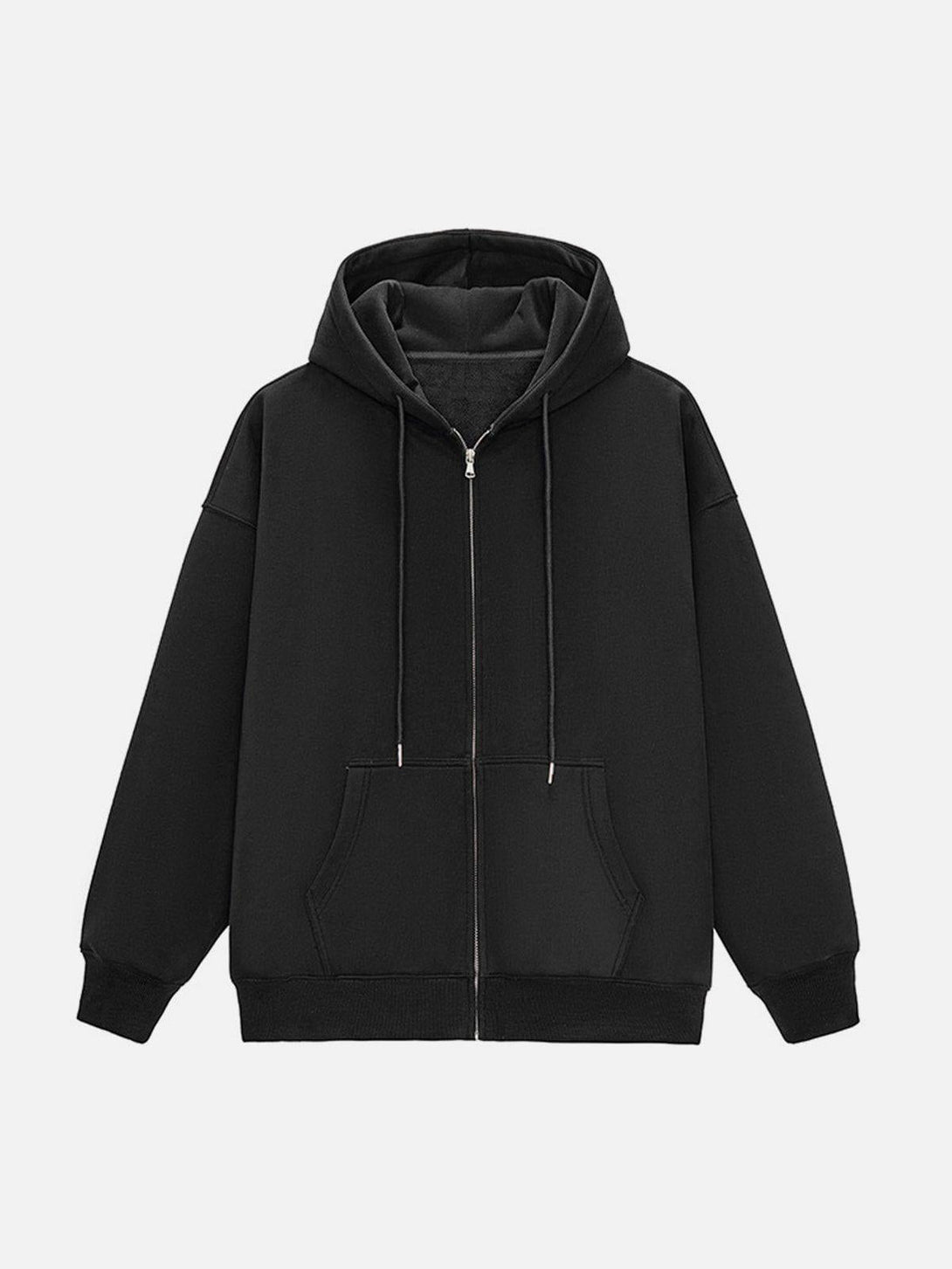 Front view of a black zip-up hoodie by TALISHKO, featuring a casual, relaxed fit.
