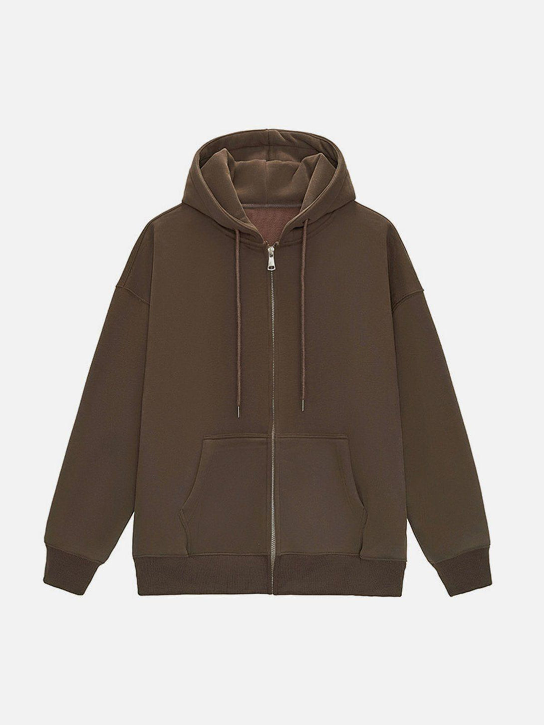 Front view of a coffee zip-up hoodie by TALISHKO, offering a laid-back, urban style.