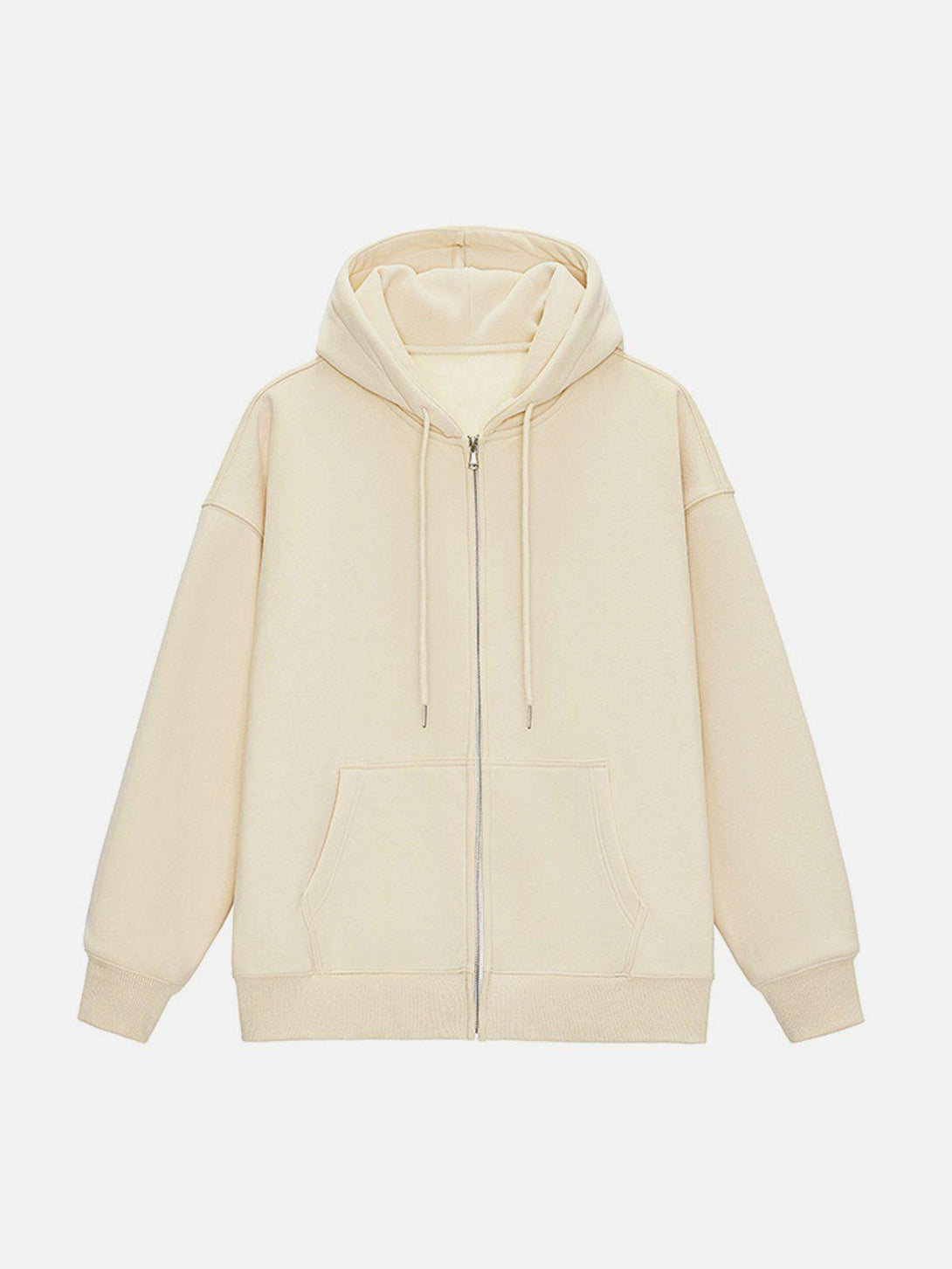 Front view of a creamy apricot zip-up hoodie by TALISHKO, offering a relaxed urban style.