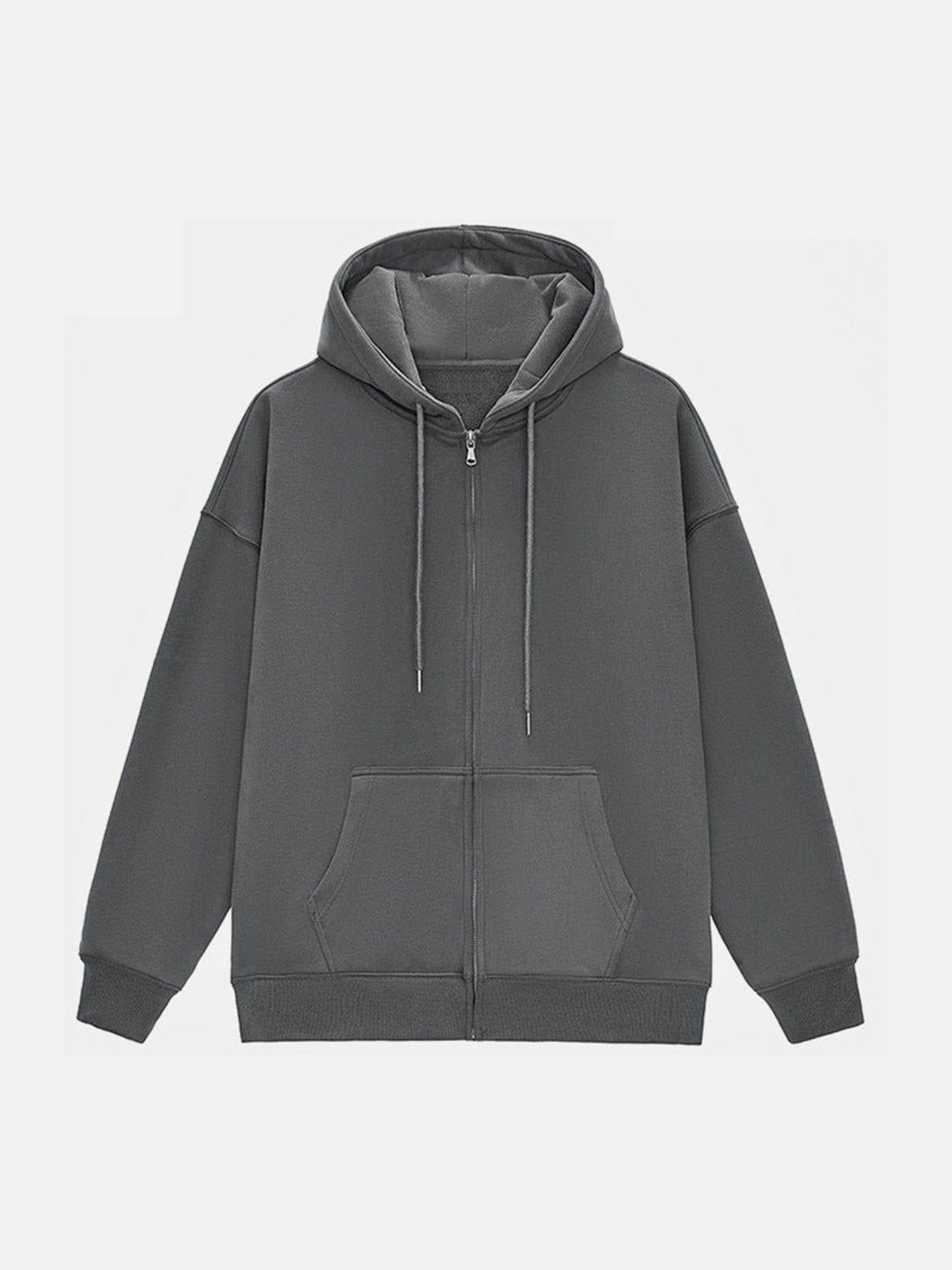 Front view of a dark gray zip-up hoodie by TALISHKO, showcasing a cozy, casual design.
