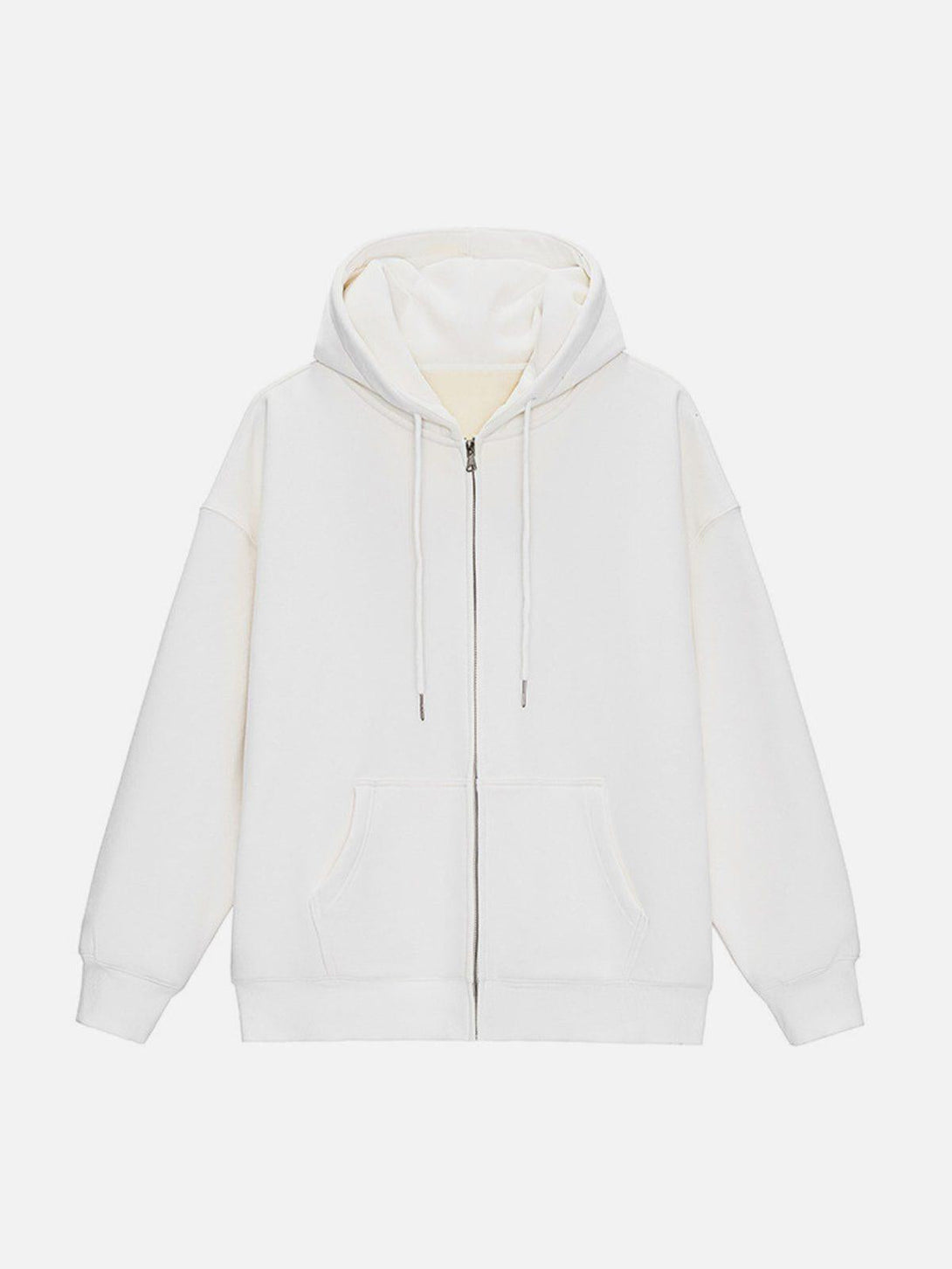 Front view of a white zip-up hoodie by TALISHKO, offering a casual and relaxed style.
