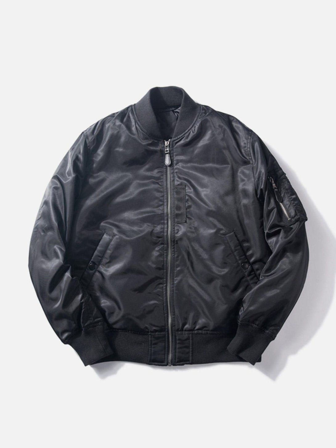 Front view of TALISHKO's black bomber jacket featuring a sleek zip-up design.