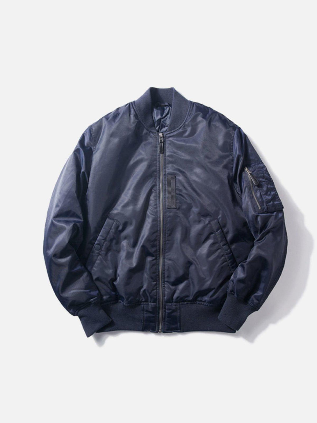 Front view of a navy bomber jacket by TALISHKO, featuring a sleek zip-up design.