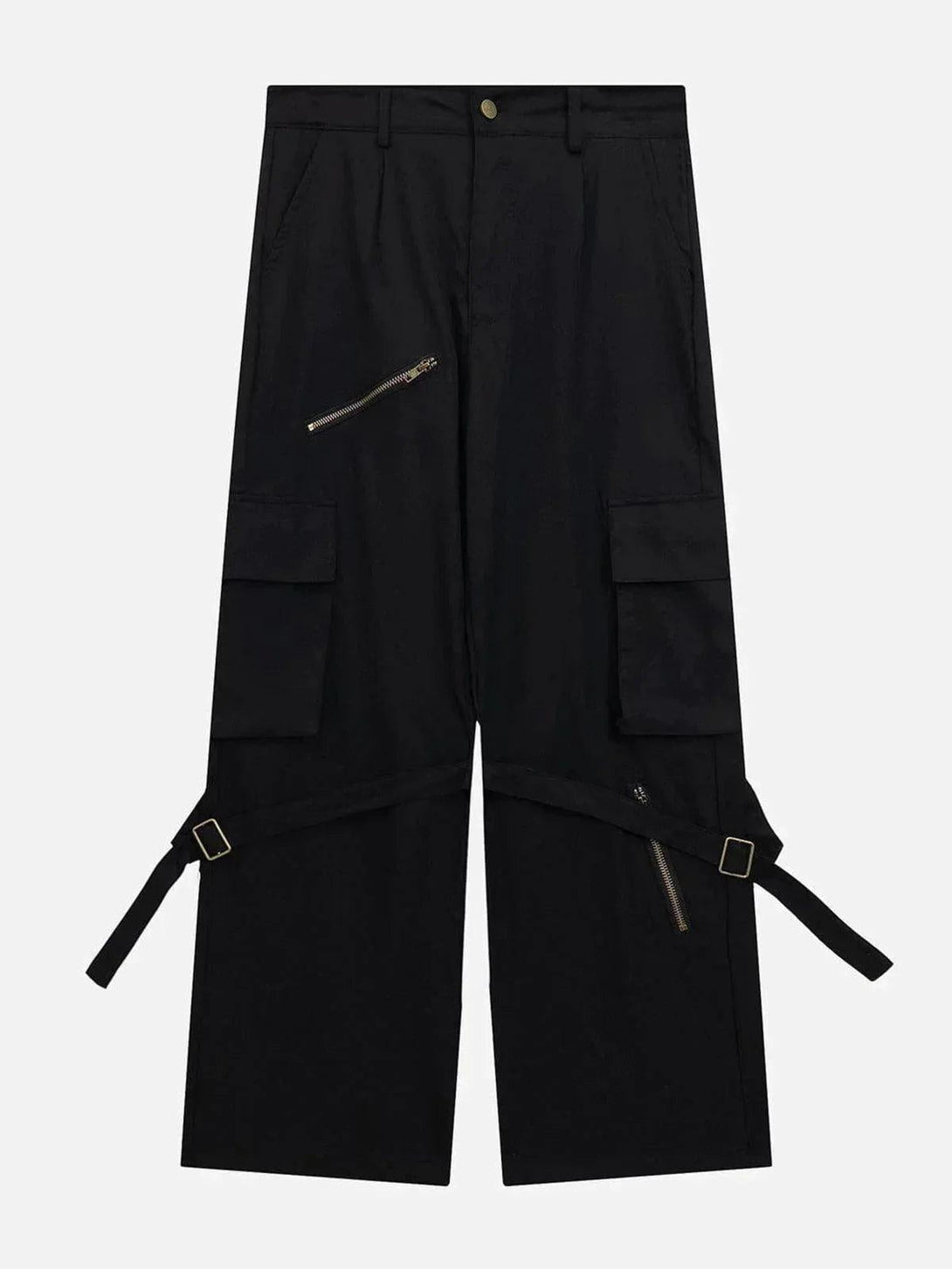 Front view of black vintage cargo pants with zip details and adjustable straps by TALISHKO.