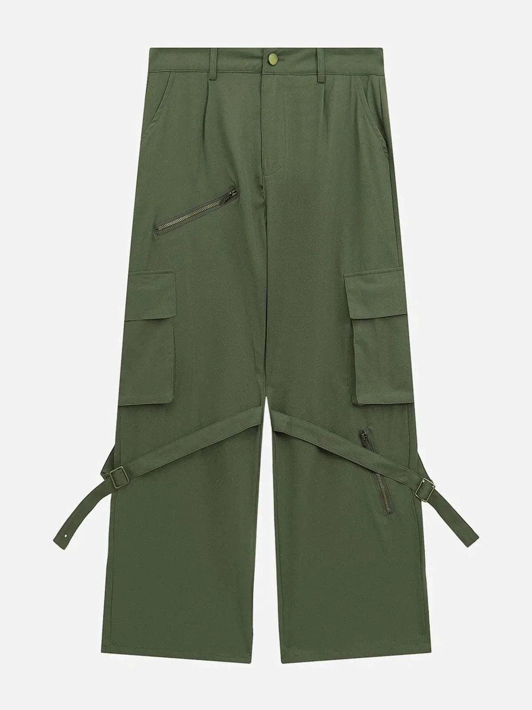Front view of green vintage cargo pants with zip details and adjustable straps by TALISHKO.