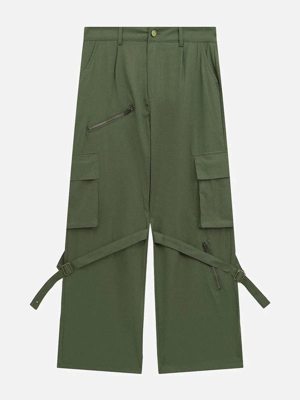Front view of green vintage cargo pants with zip details and adjustable straps by TALISHKO.
