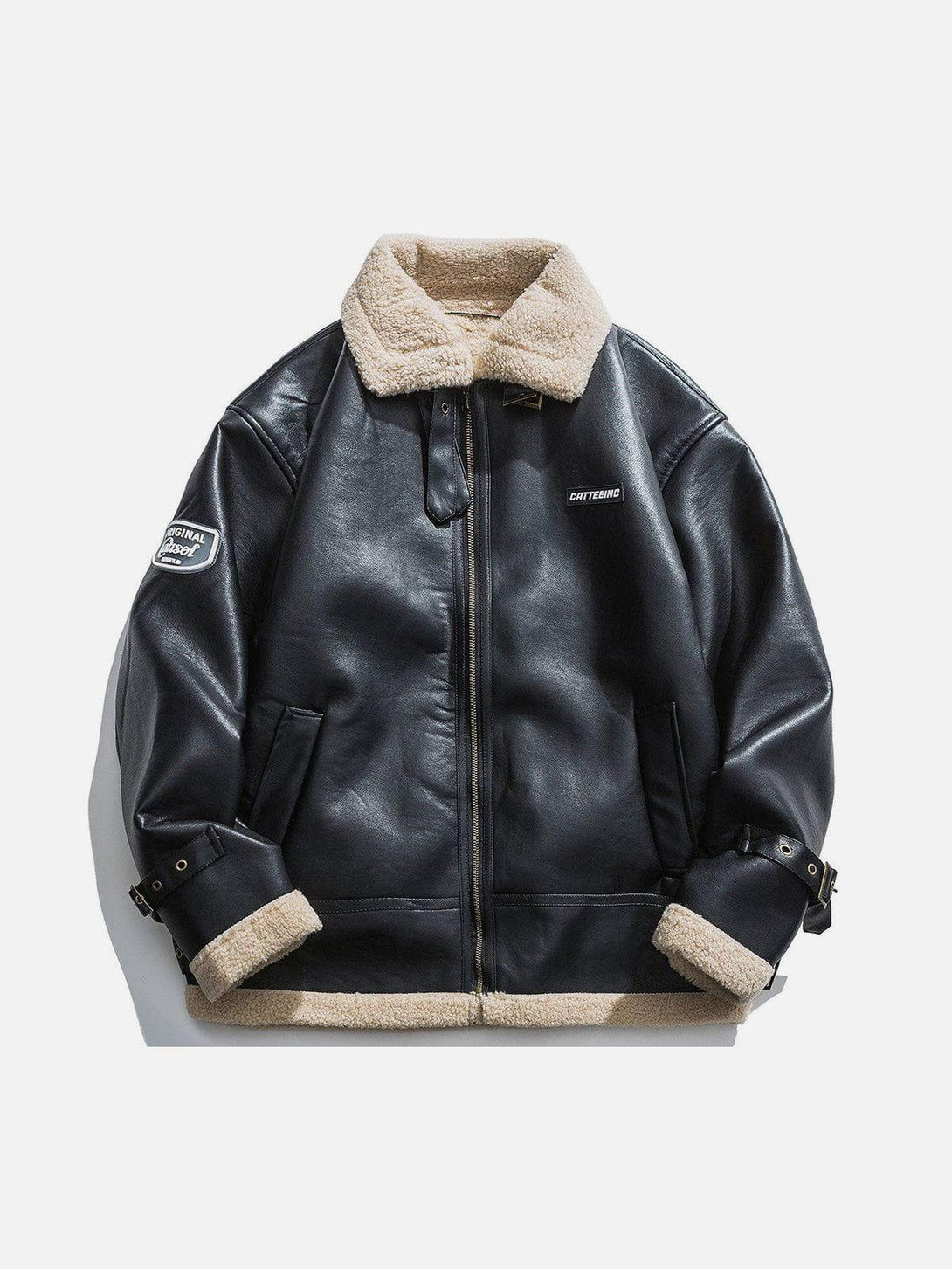 Front view of a black PU Borg jacket with beige lining, featuring a zipper and lapel by TALISHKO.