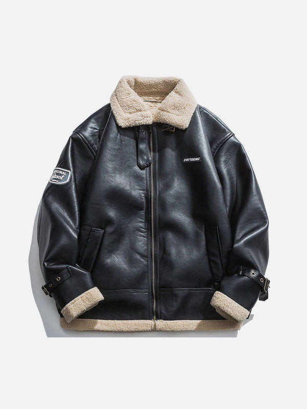 Front view of a black PU Borg jacket with beige lining, featuring a zipper and lapel by TALISHKO.