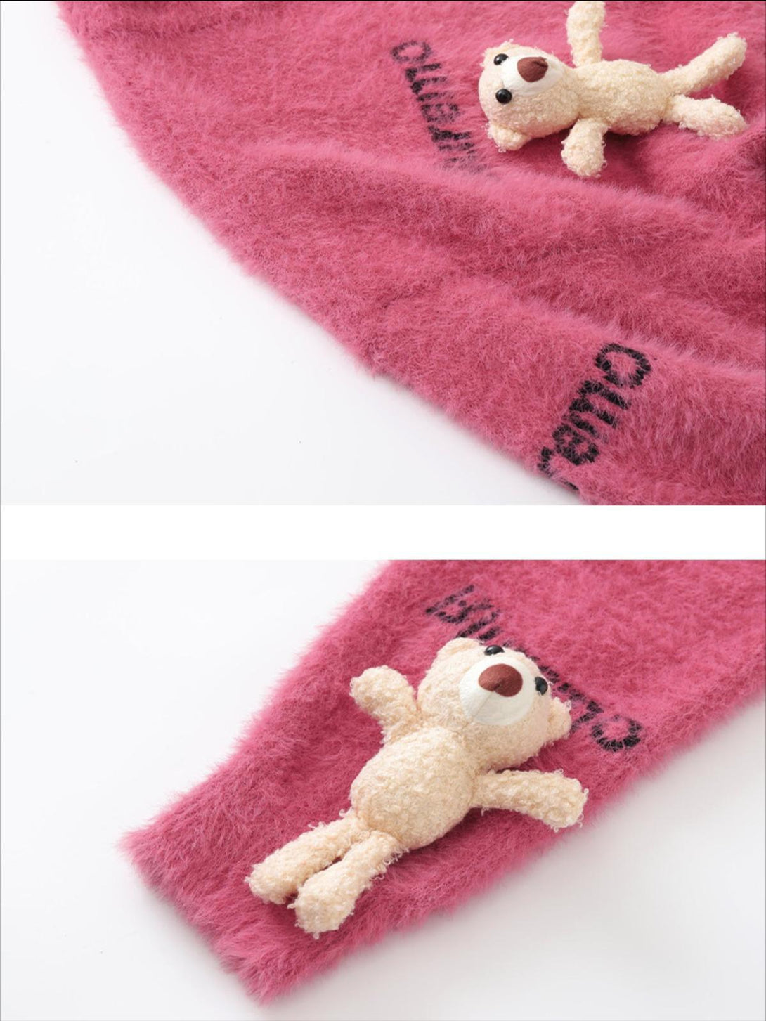 A detailed view of the pink sweater by TALISHKO, featuring a cute 3D teddy bear accent.