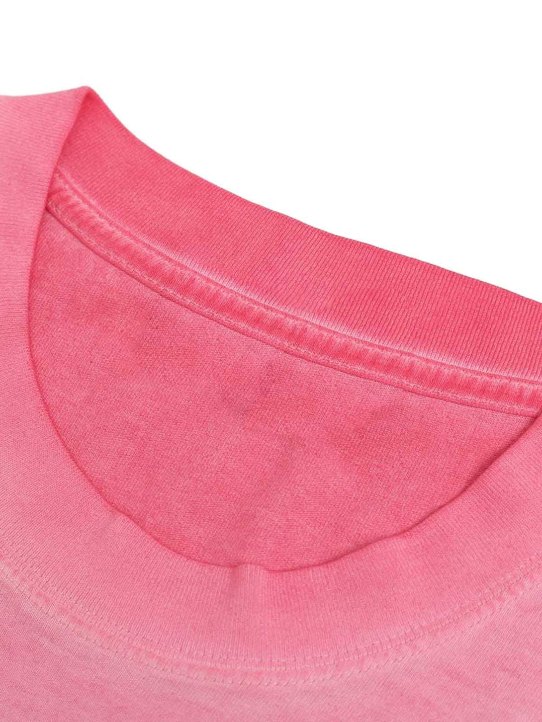 A detailed view of the vibrant pink neckline on TALISHKO's "The Future Is Bright" T-shirt.