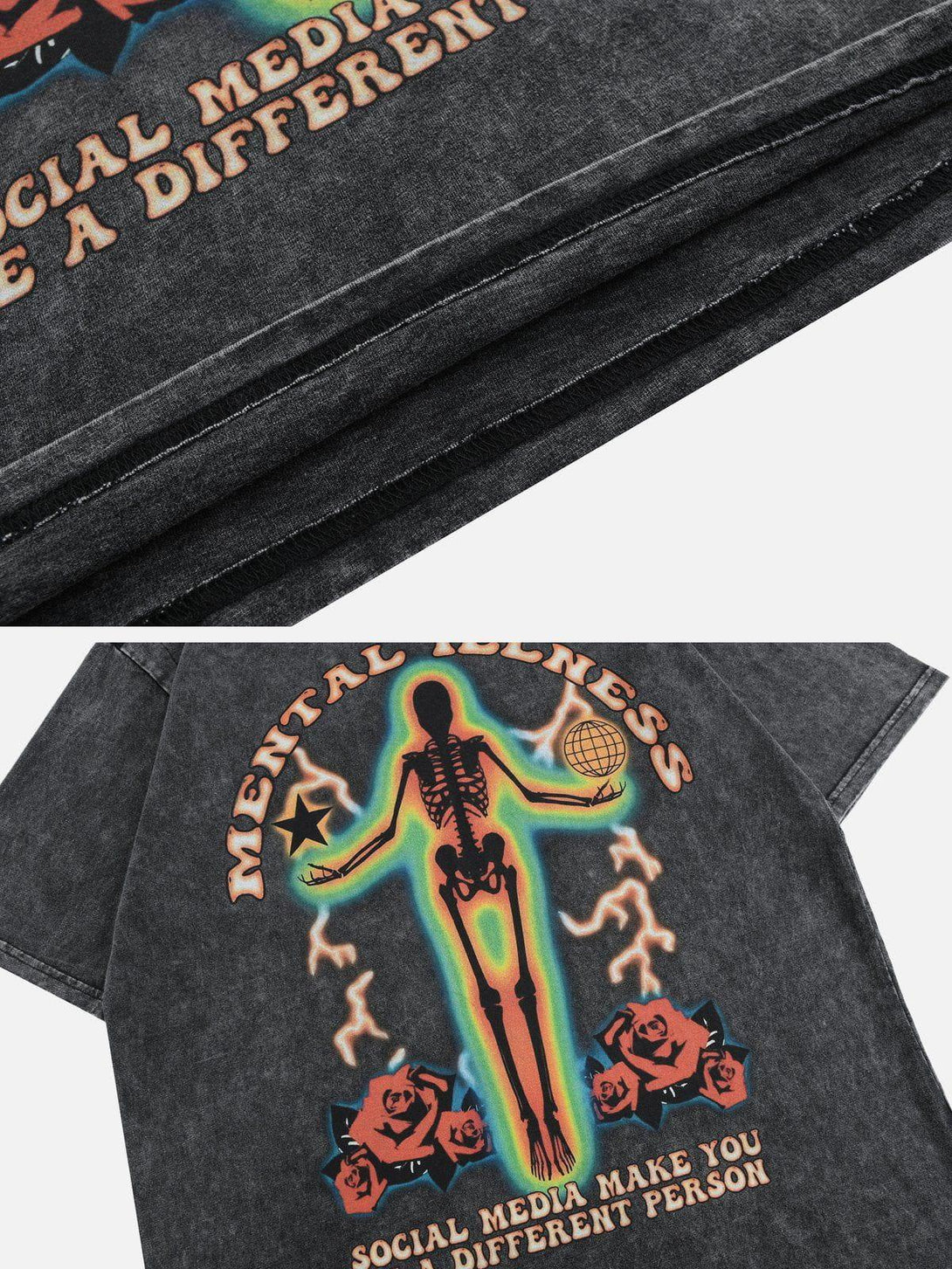 Back of TALISHKO tee featuring a vibrant thermal skeleton print with bold graphic details.