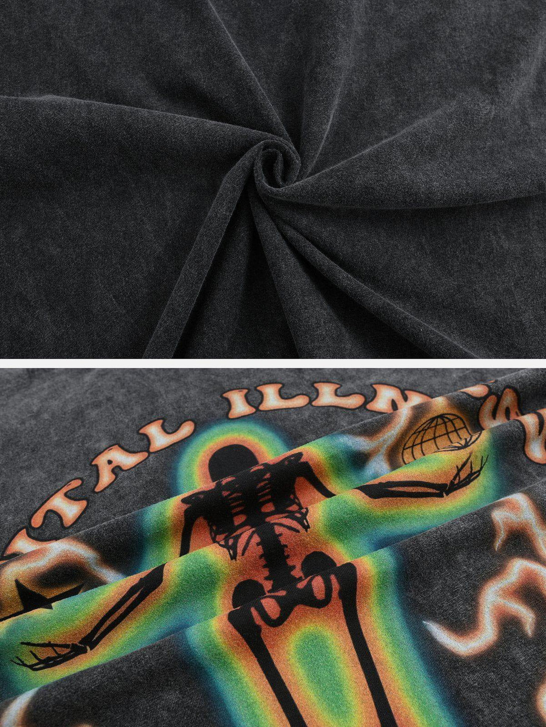 Intricate look at the thermal skeleton print on a black tee by TALISHKO, highlighting bold colors.