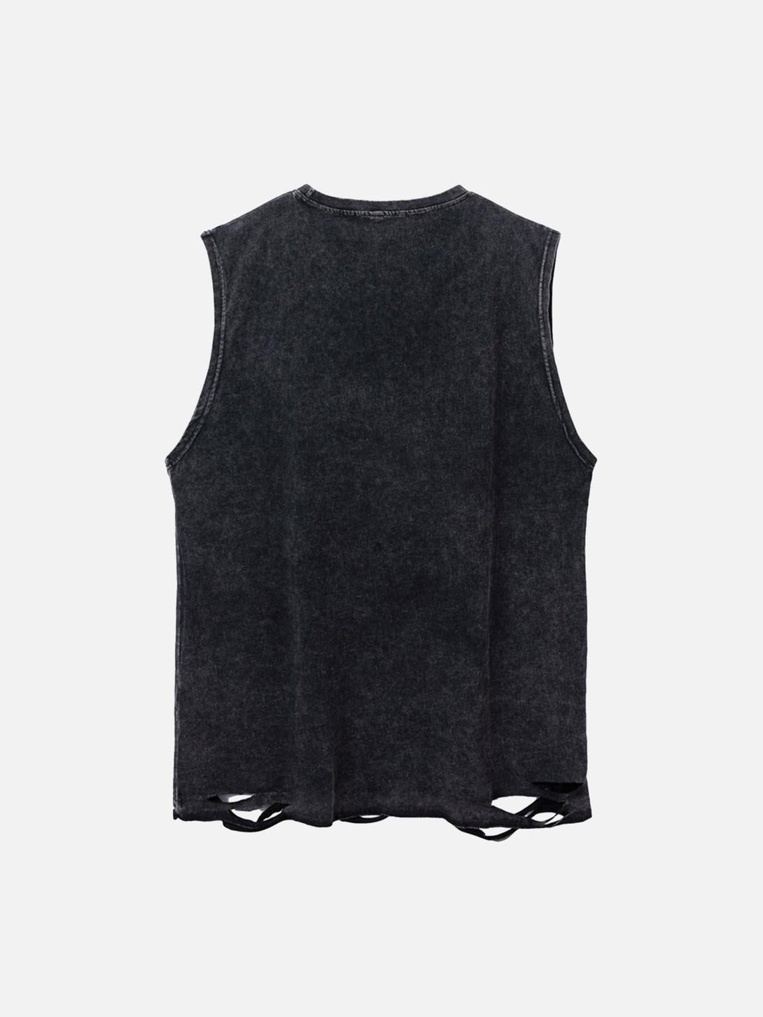 Back view of TALISHKO's vintage washed vest, highlighting distressed details and relaxed fit.