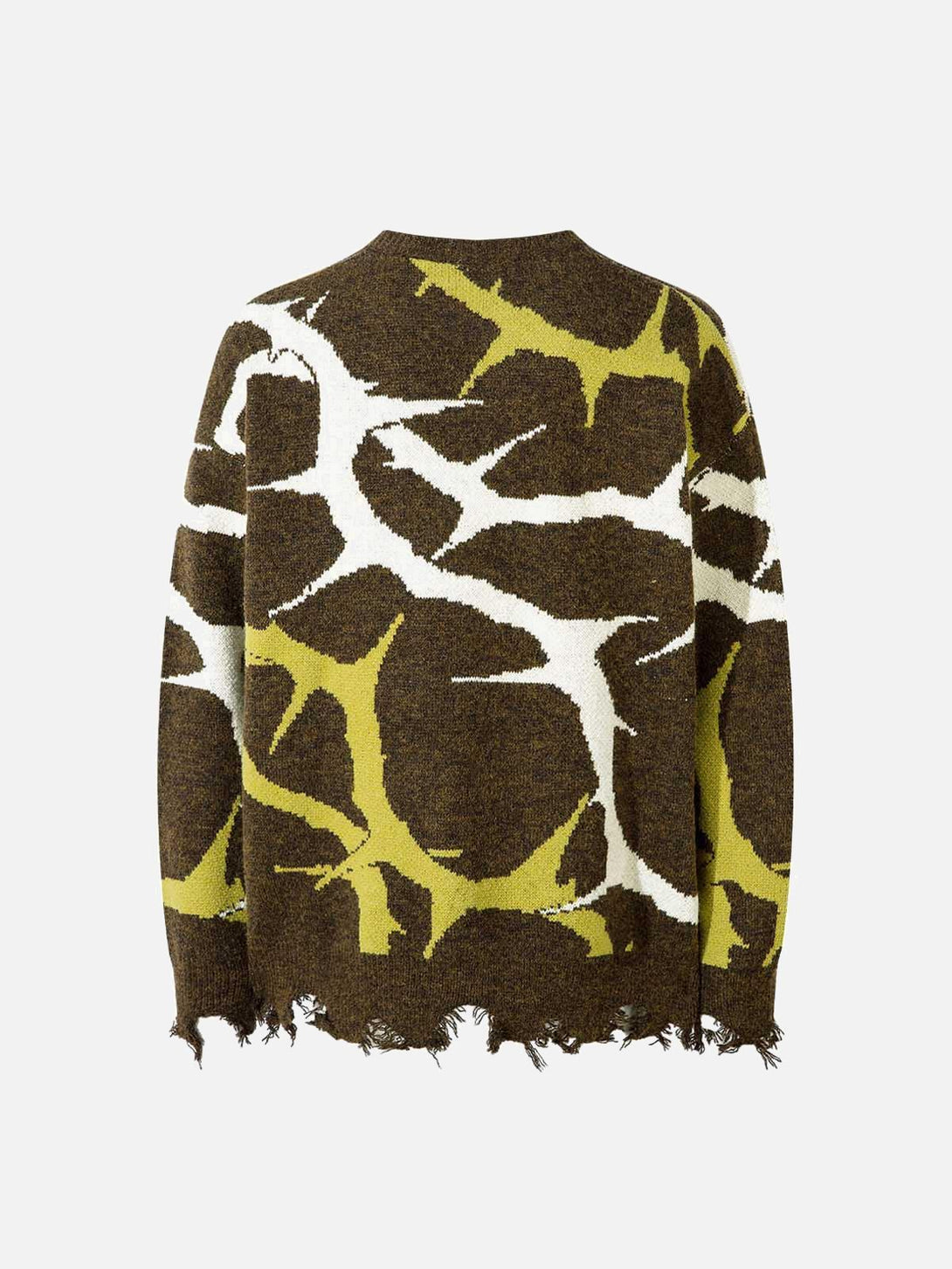Back view of TALISHKO sweater showcasing thorn pattern and distressed hem in earthy hues.