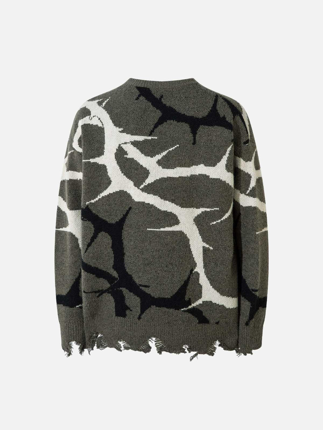 Back view of TALISHKO thorn-patterned sweater with distressed hem in earthy tones.