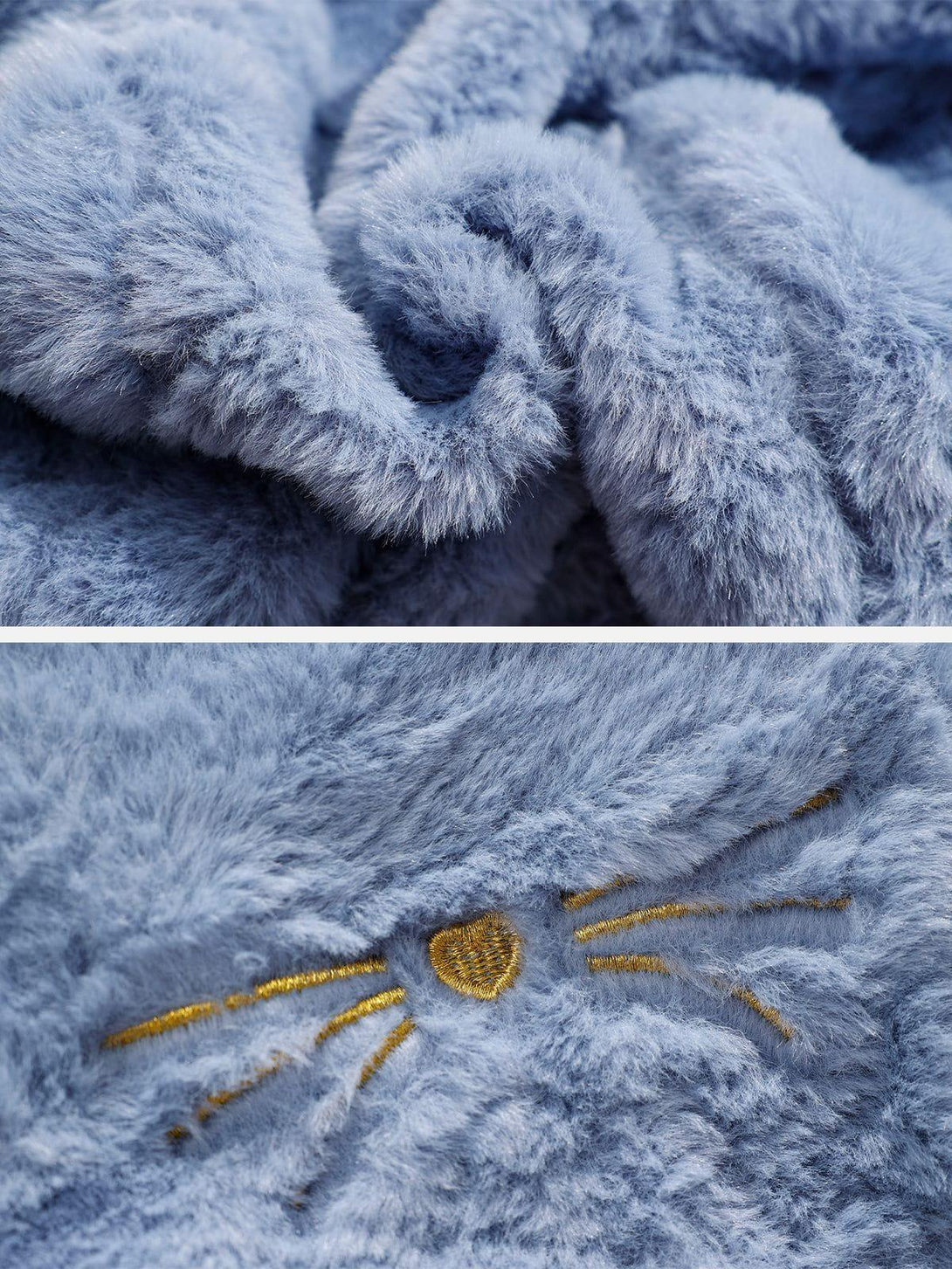 Intricate look at the plush blue texture and heart detail on TALISHKO's cozy winter accessory.