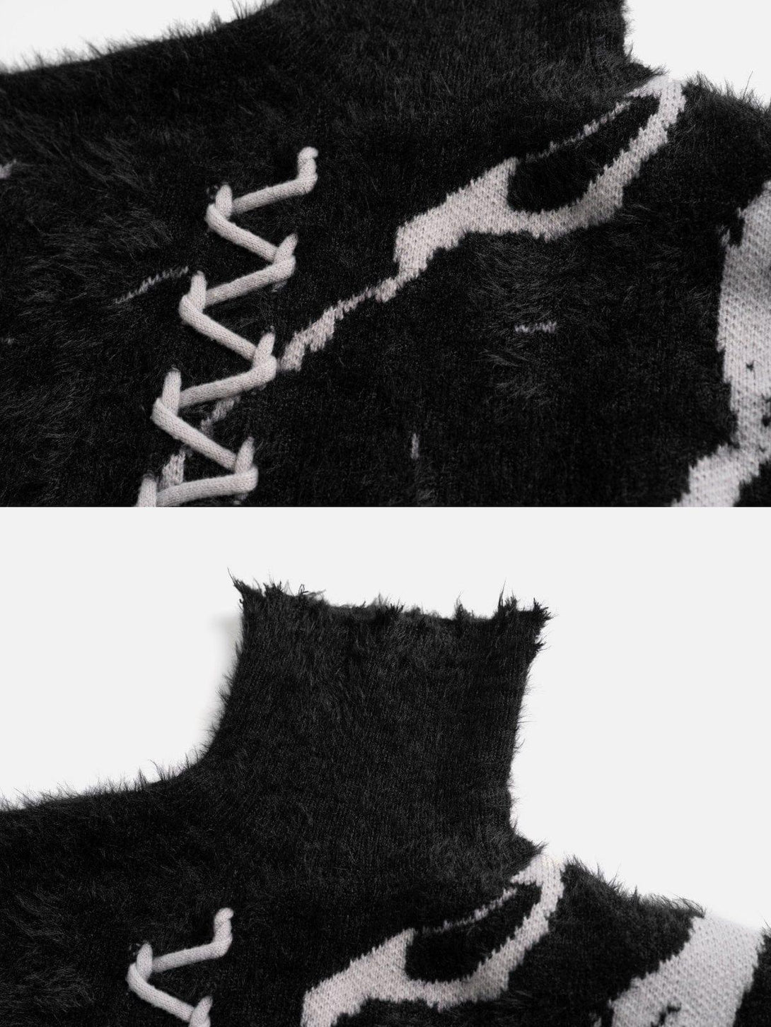 Intricate look at TALISHKO's fuzzy tie-dye turtleneck sweater, highlighting lace-up details.