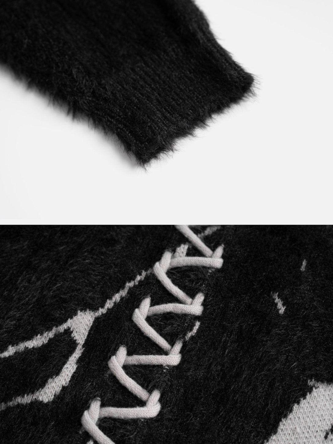 Texture and design detail of TALISHKO's fuzzy sweater, emphasizing unique lace-up feature.
