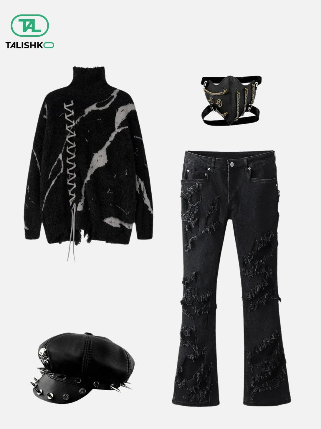 Edgy ensemble featuring TALISHKO's distressed sweater and jeans, complemented by bold accessories.