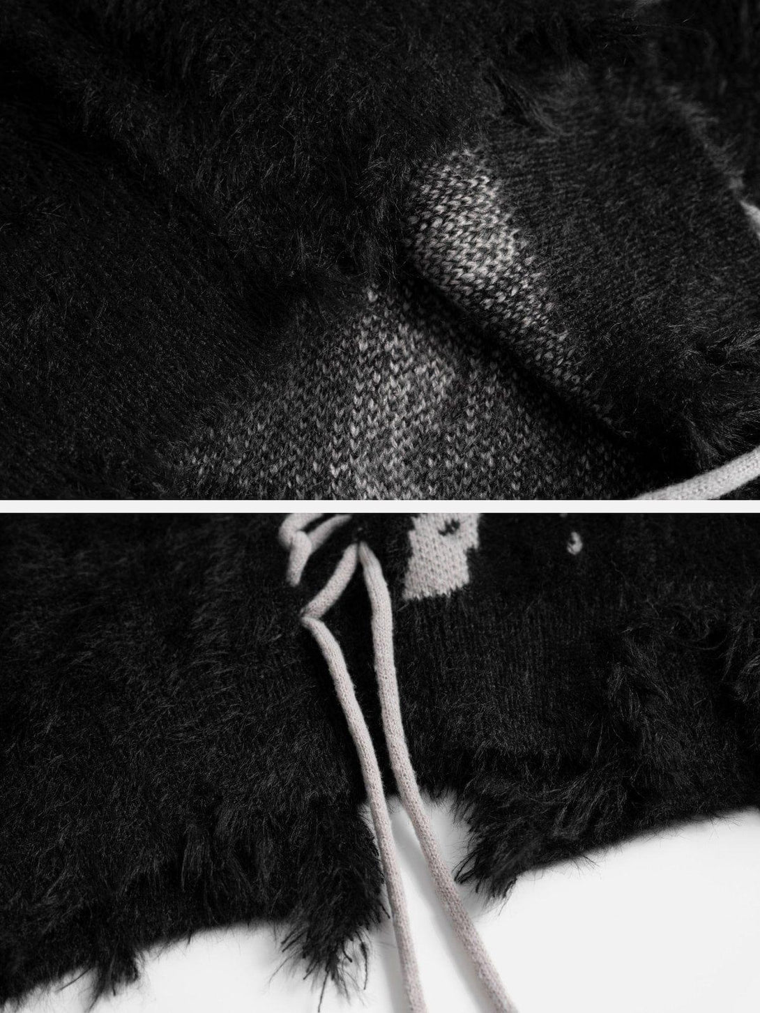 Detailed fabric and stitching of TALISHKO's fuzzy sweater, highlighting unique lace-up design.