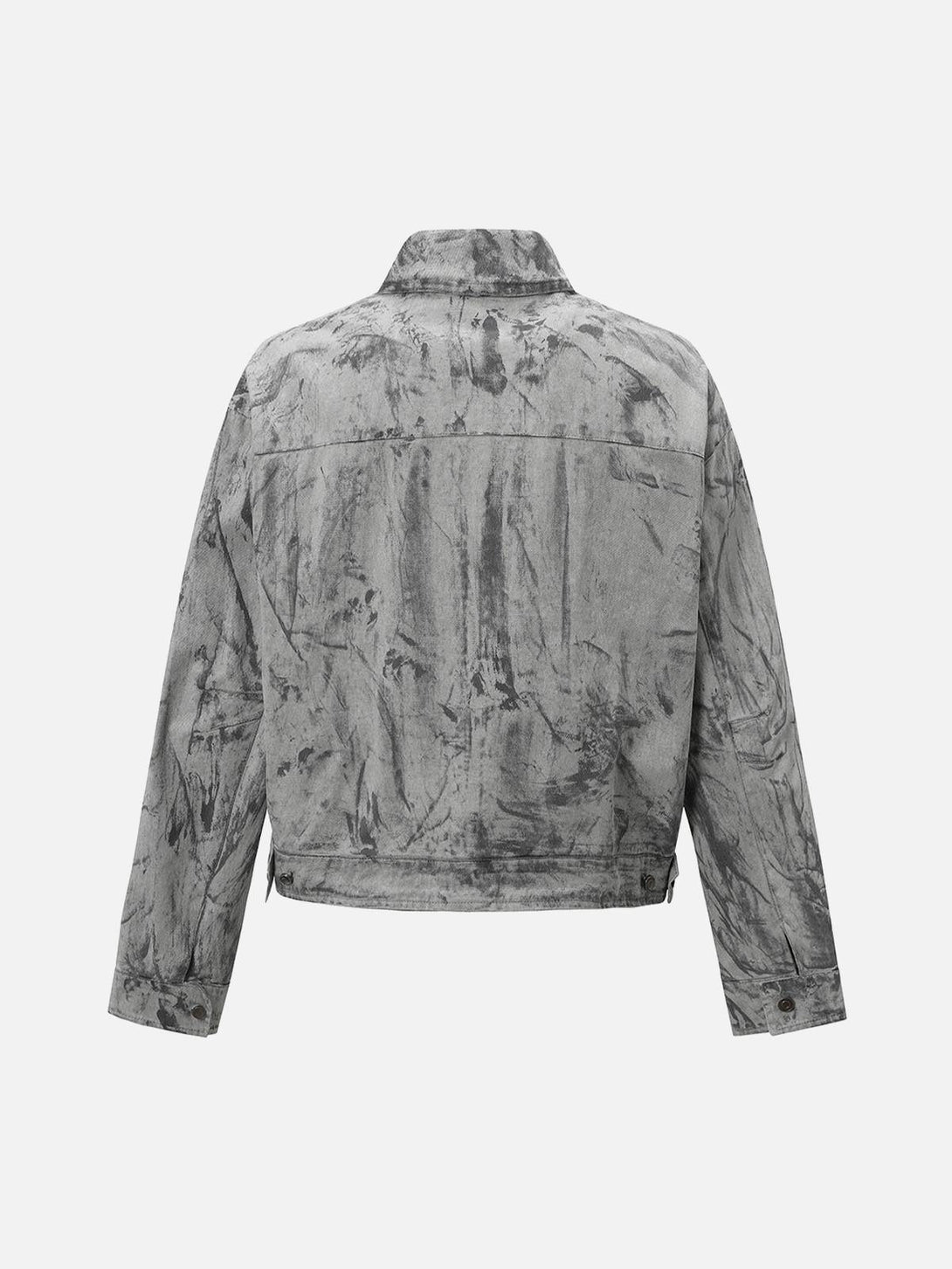 Back view of TALISHKO tie-dye denim bomber jacket showcasing a unique gray pattern.
