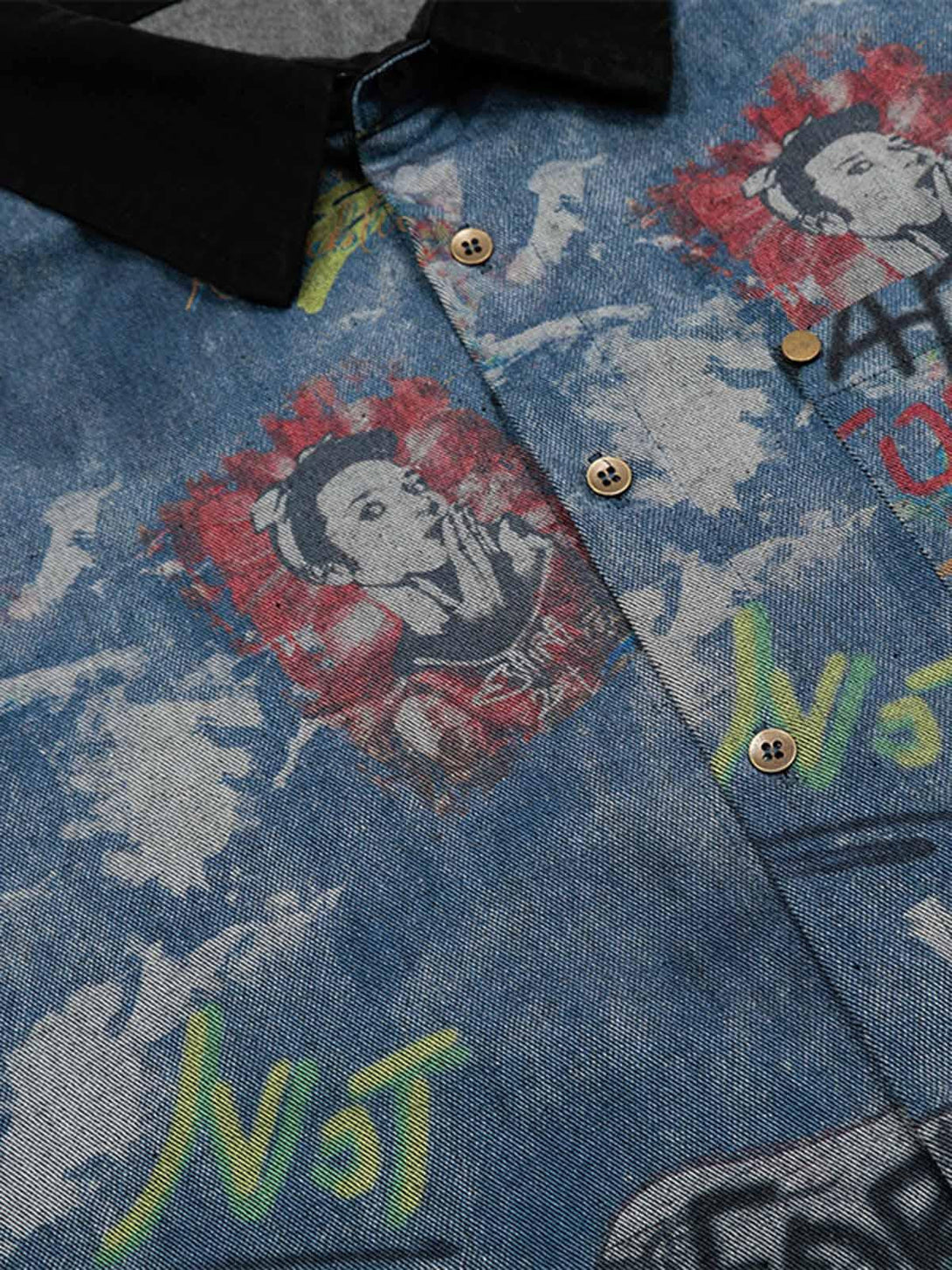 A detailed look at the tie-dye denim graffiti polo by TALISHKO, showcasing its artistic design.