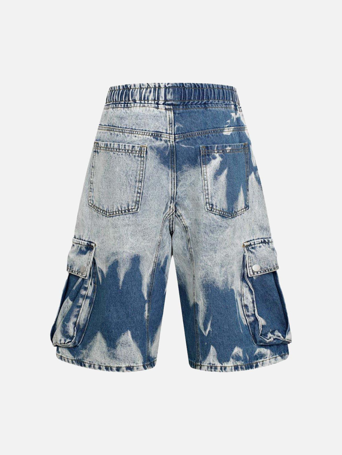 Back view of TALISHKO tie-dye cargo jorts with drawstring, highlighting casual summer style.