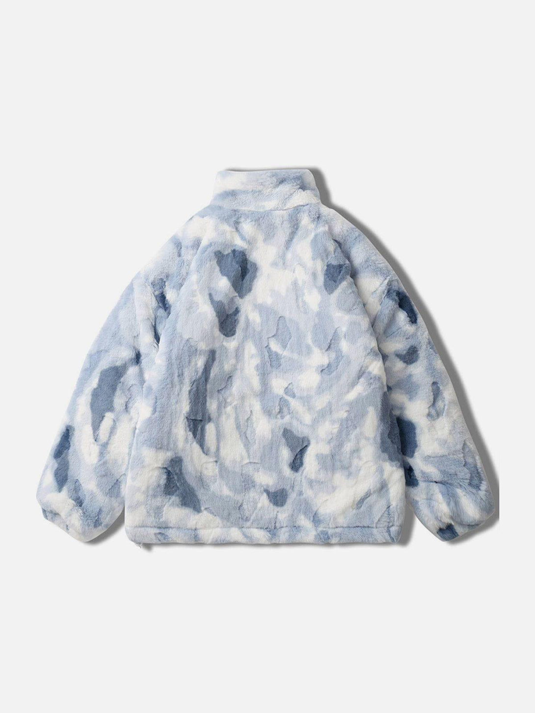 Back view of TALISHKO's blue tie-dye sherpa coat showcasing its plush, cozy texture.