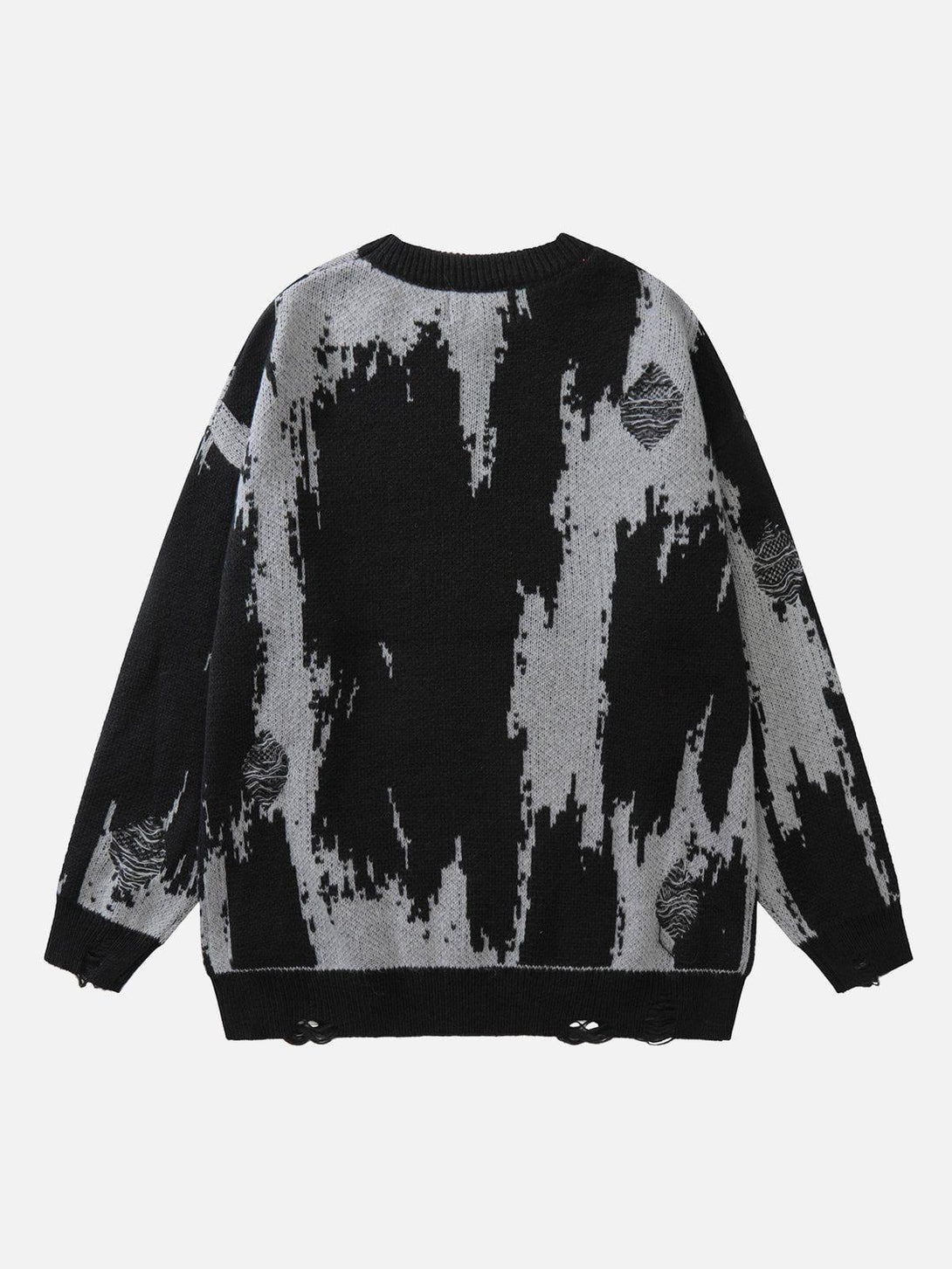 Back view of black and gray abstract sweater by TALISHKO, showcasing a bold artistic design.
