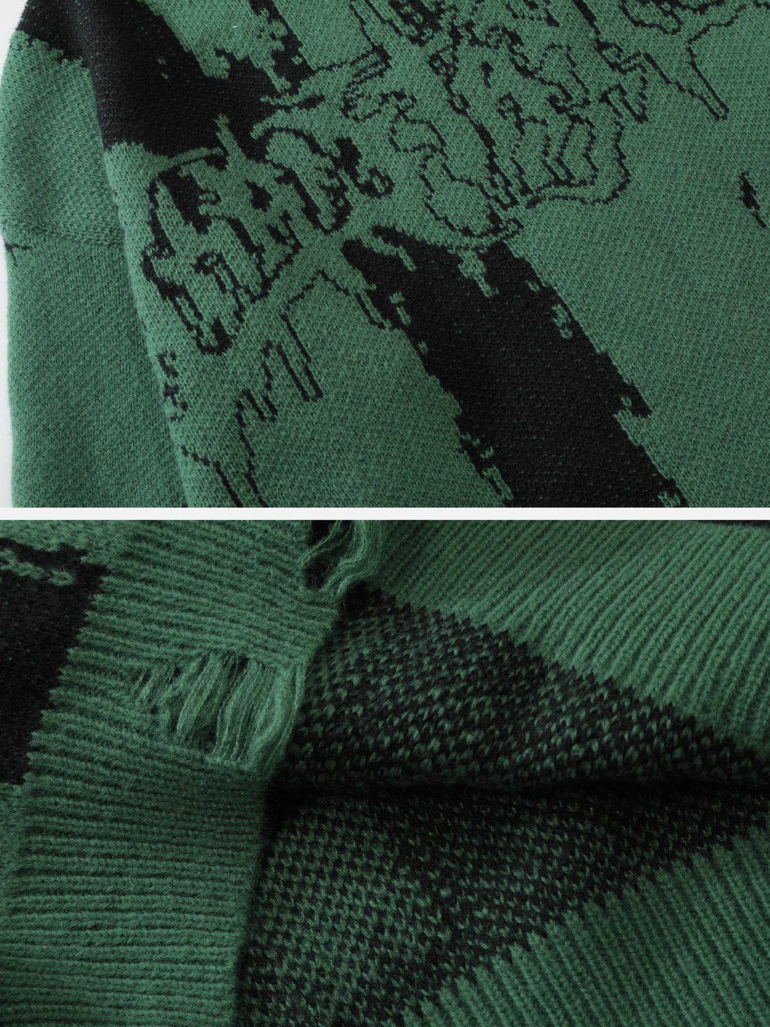 Intricate look at the green sweater's textured pattern by TALISHKO, featuring unique design details.