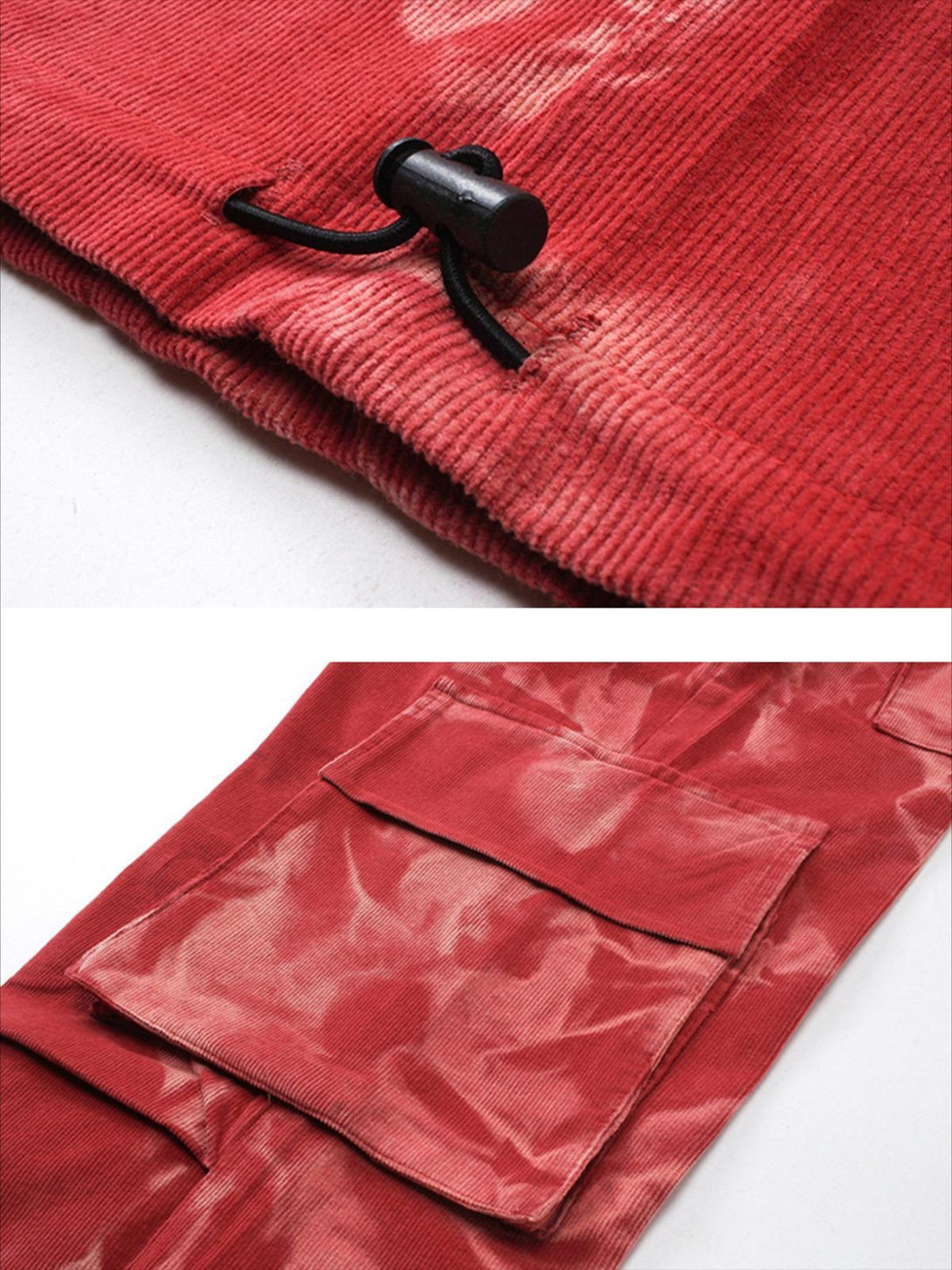 A close-up of red tie-dye corduroy pants with pleated design and pocket details by TALISHKO.