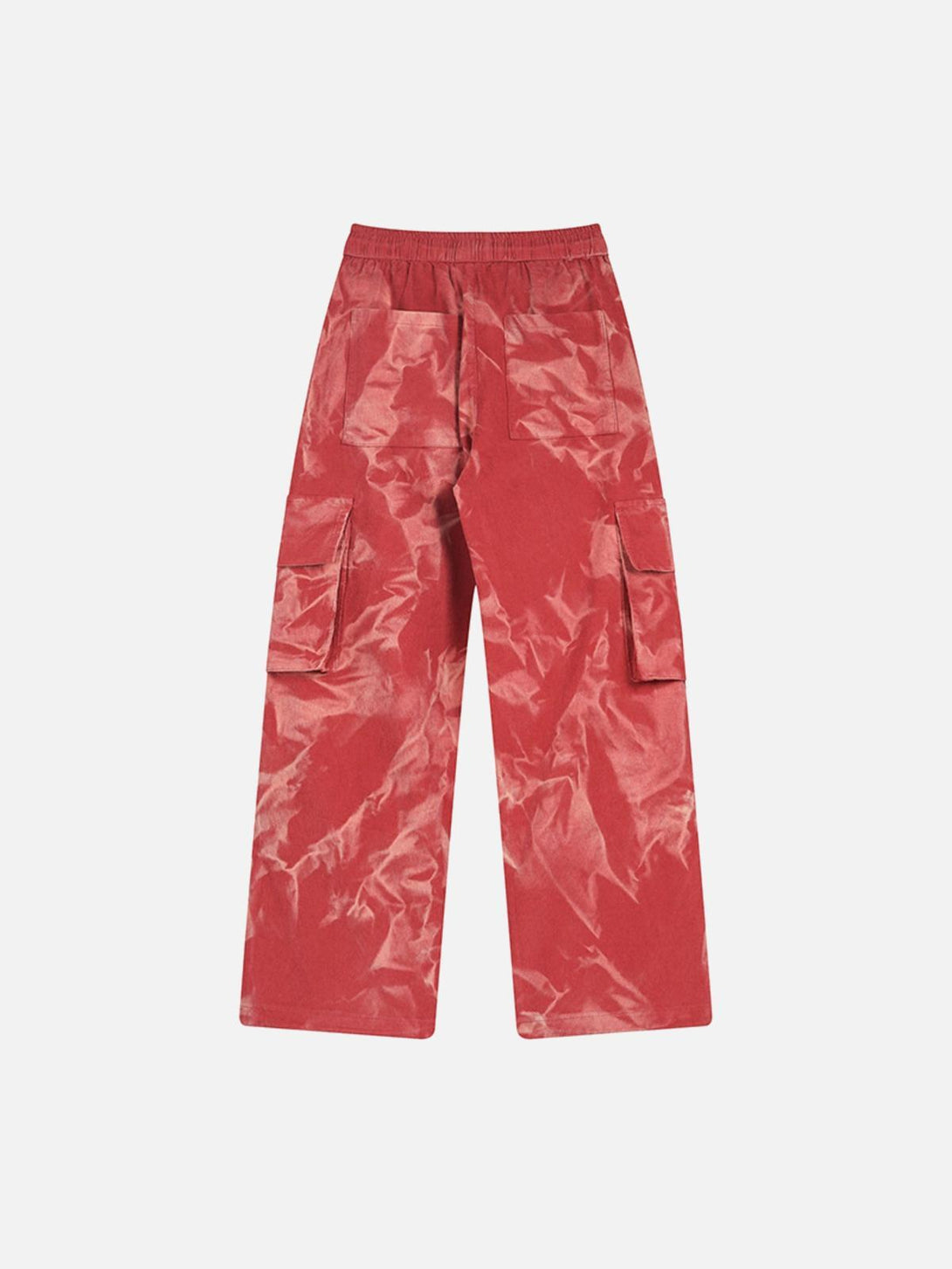 Back view of red tie-dye corduroy pants with multiple pockets by TALISHKO.