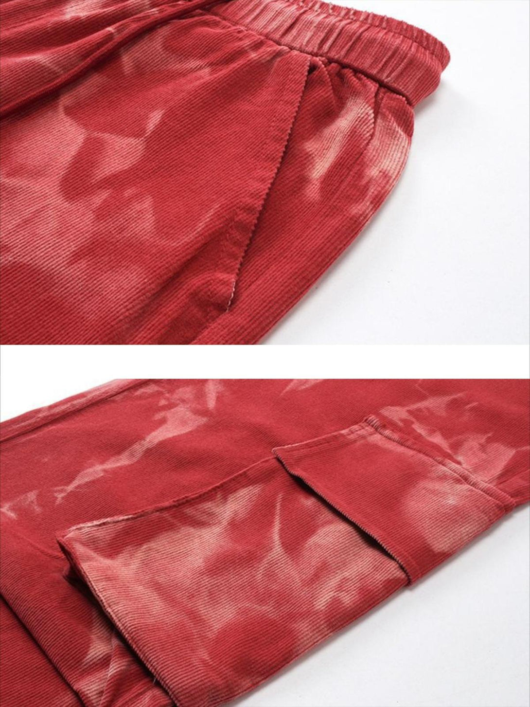 Intricate look at red tie-dye corduroy pants' texture and pockets, crafted by TALISHKO.