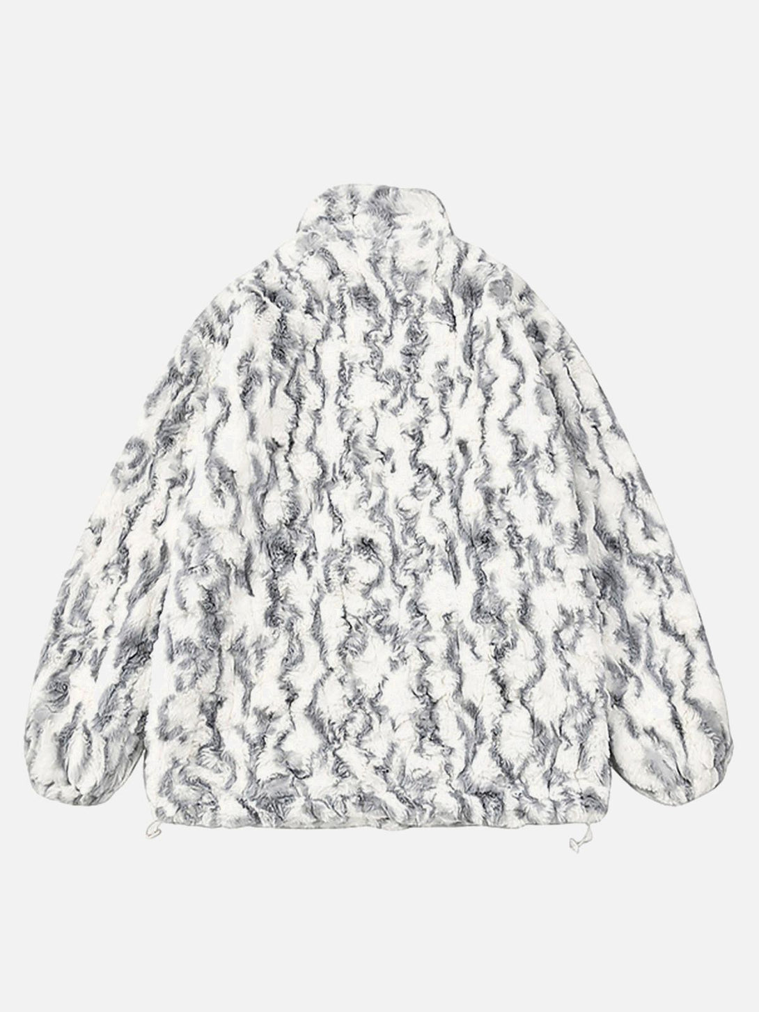 Back view of gray tie-dye sherpa jacket by TALISHKO, highlighting its warm and cozy texture.