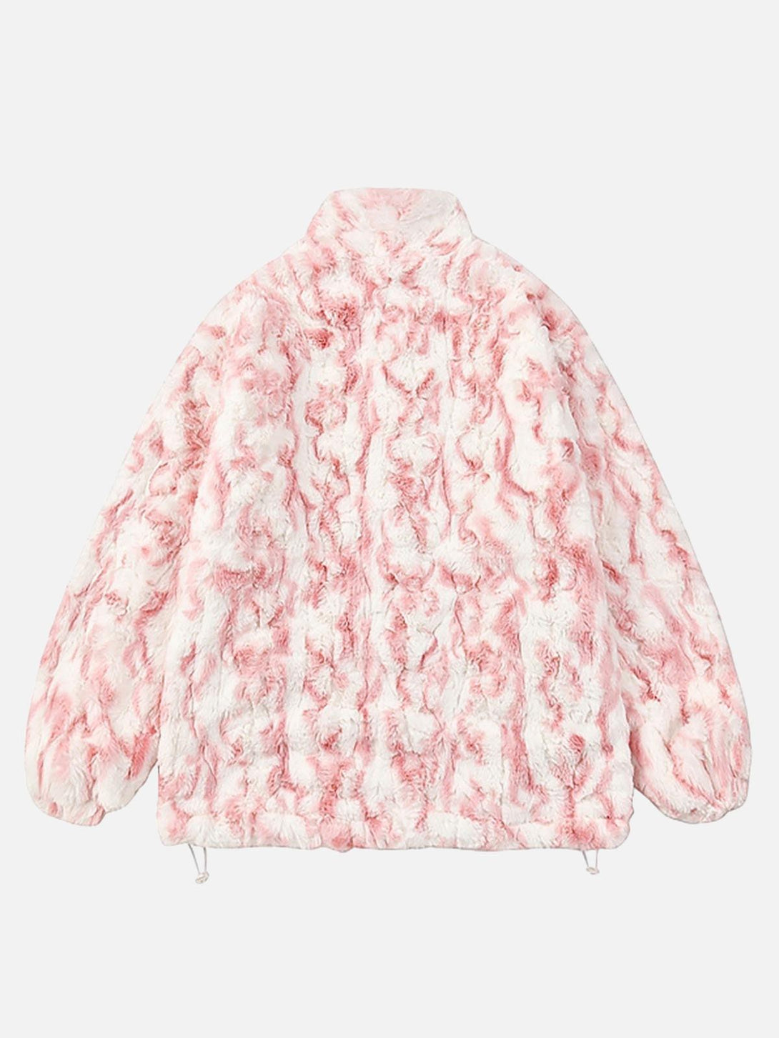 Back view of pink tie-dye sherpa jacket by TALISHKO, showcasing its plush and cozy design.