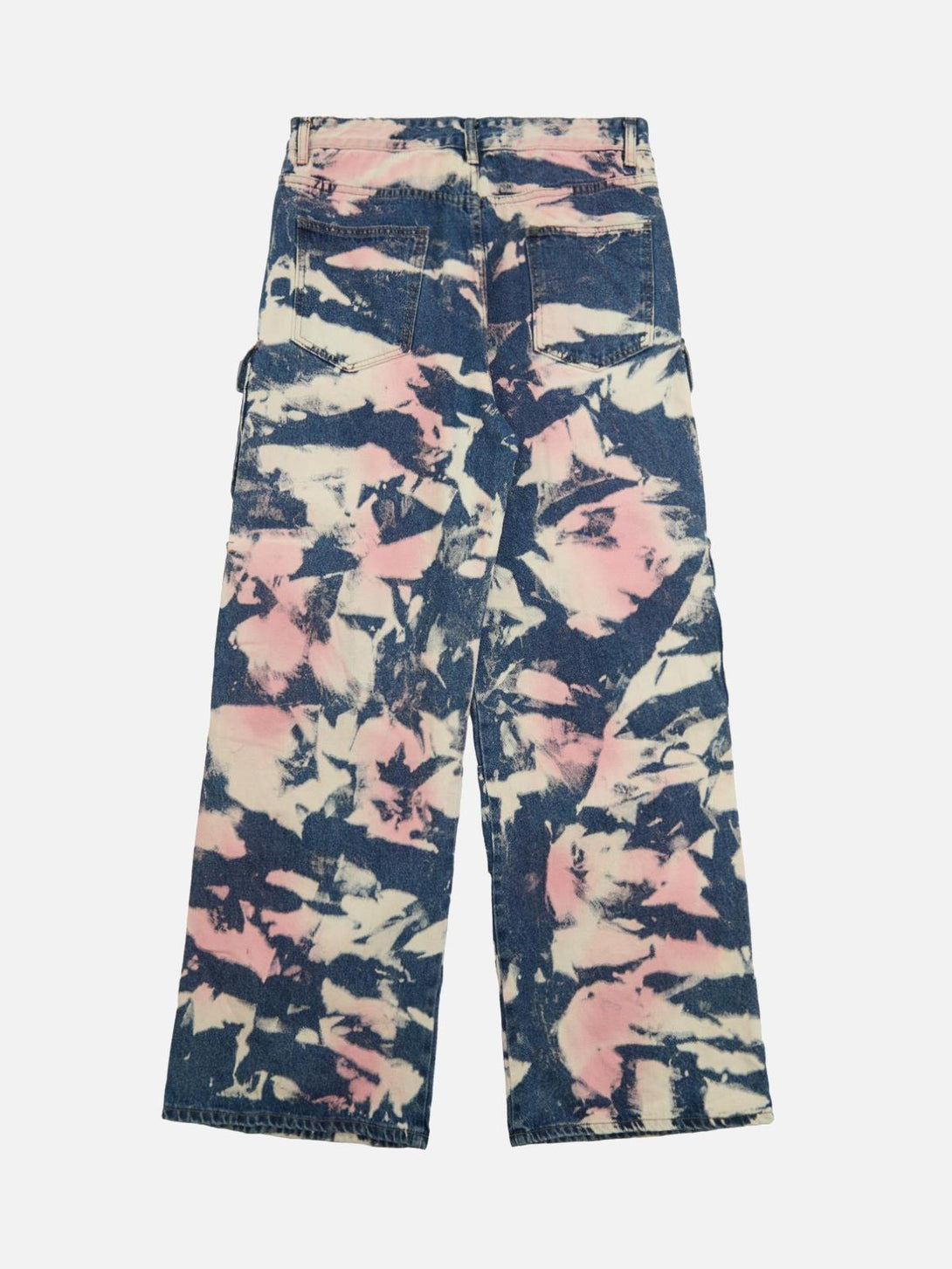 Back view of TALISHKO's tie-dye camouflage cargo jeans, blending pink and blue hues.