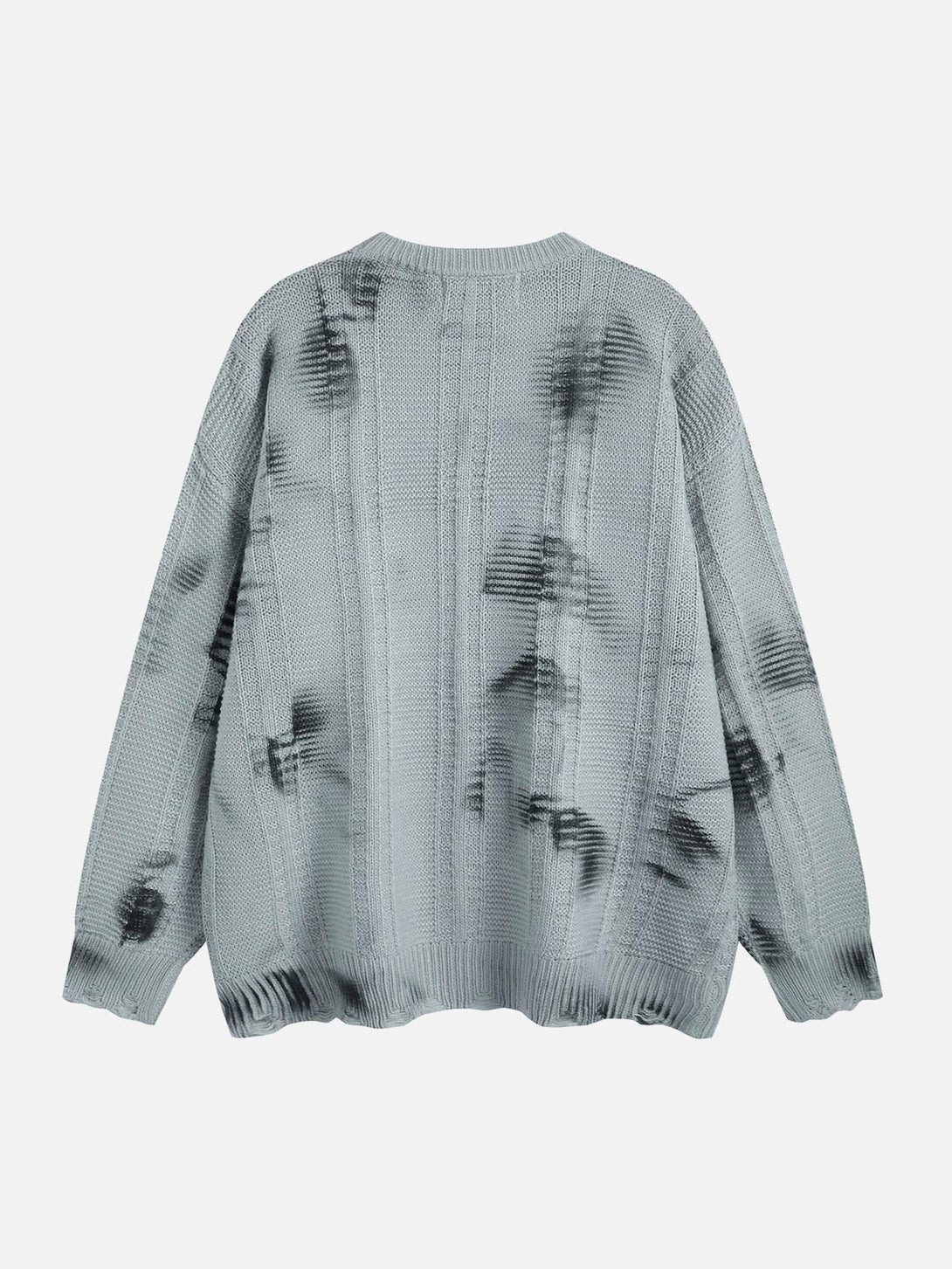 Back view of a gray tie-dye sweater by TALISHKO, showcasing a relaxed, cozy design.