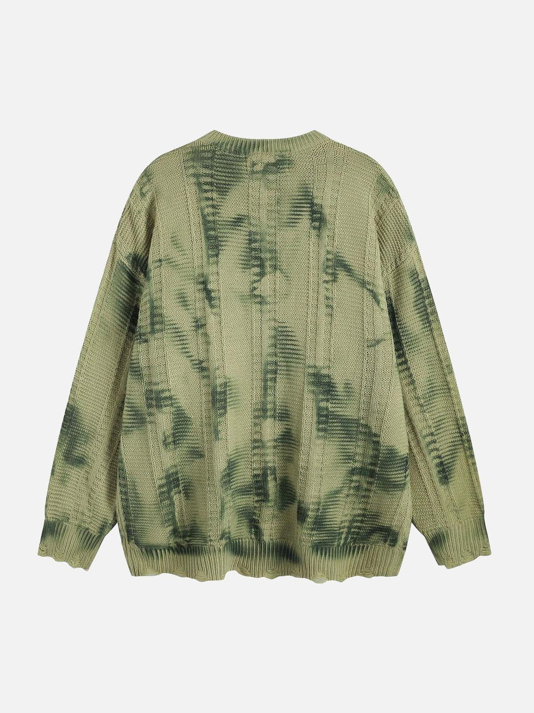 Back view of a green tie-dye sweater by TALISHKO, highlighting its unique, casual design.