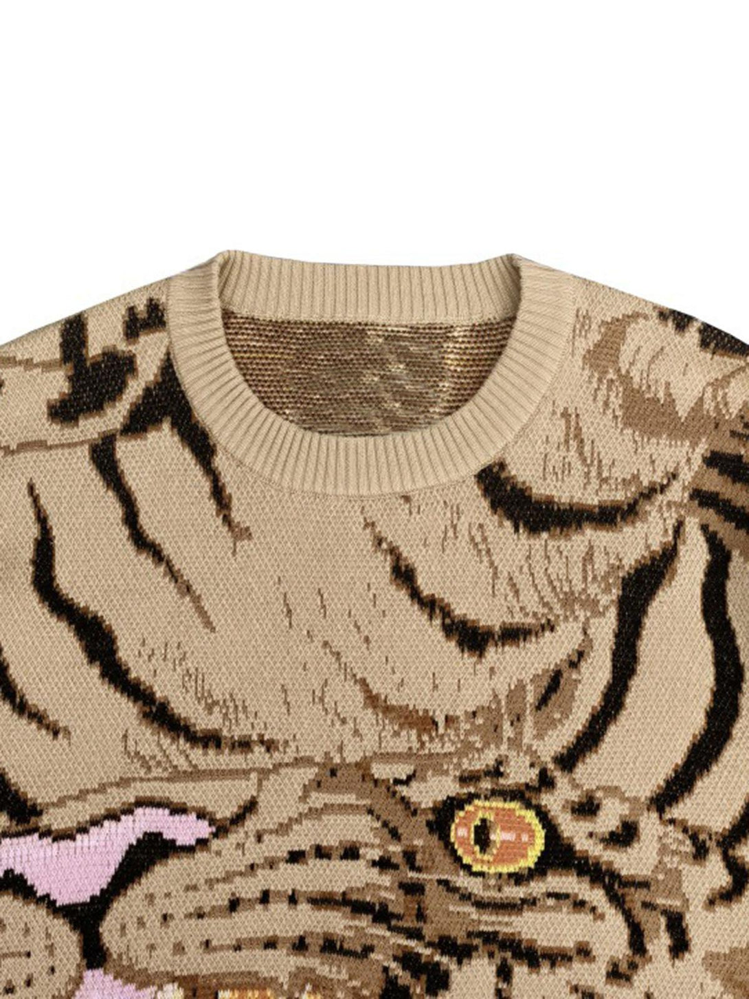TALISHKO's knitted sweater features a detailed tiger pattern, showcasing bold knit artistry.
