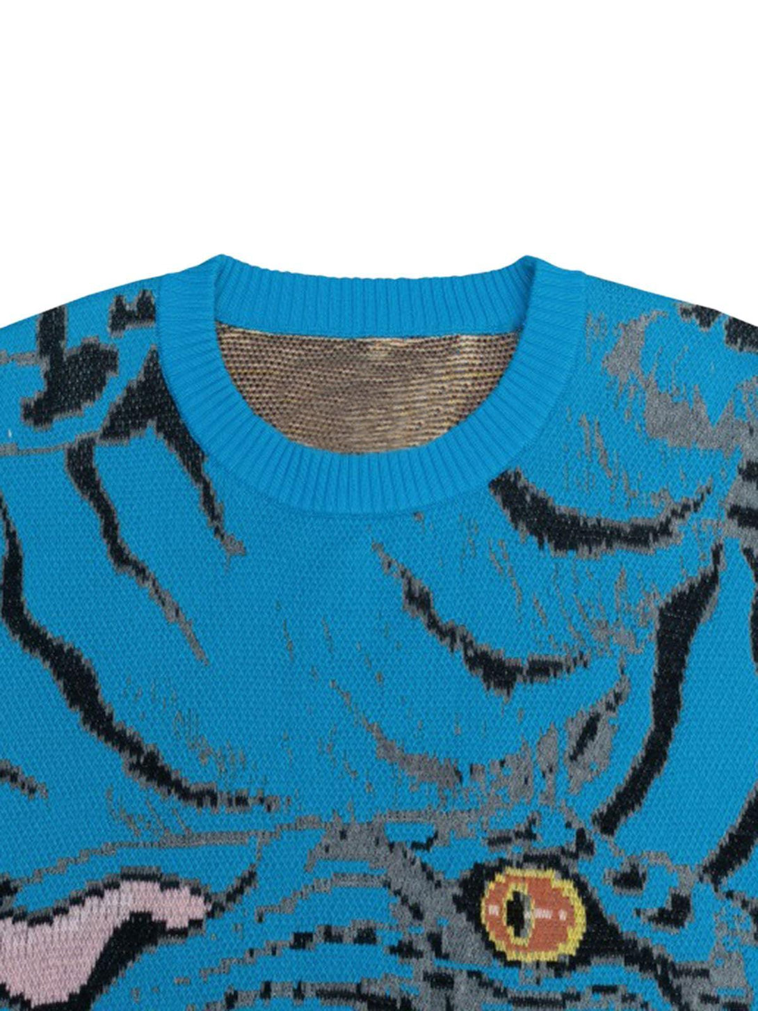 Zoomed-in texture of TALISHKO's blue tiger-patterned crew neck sweater, highlighting unique design.